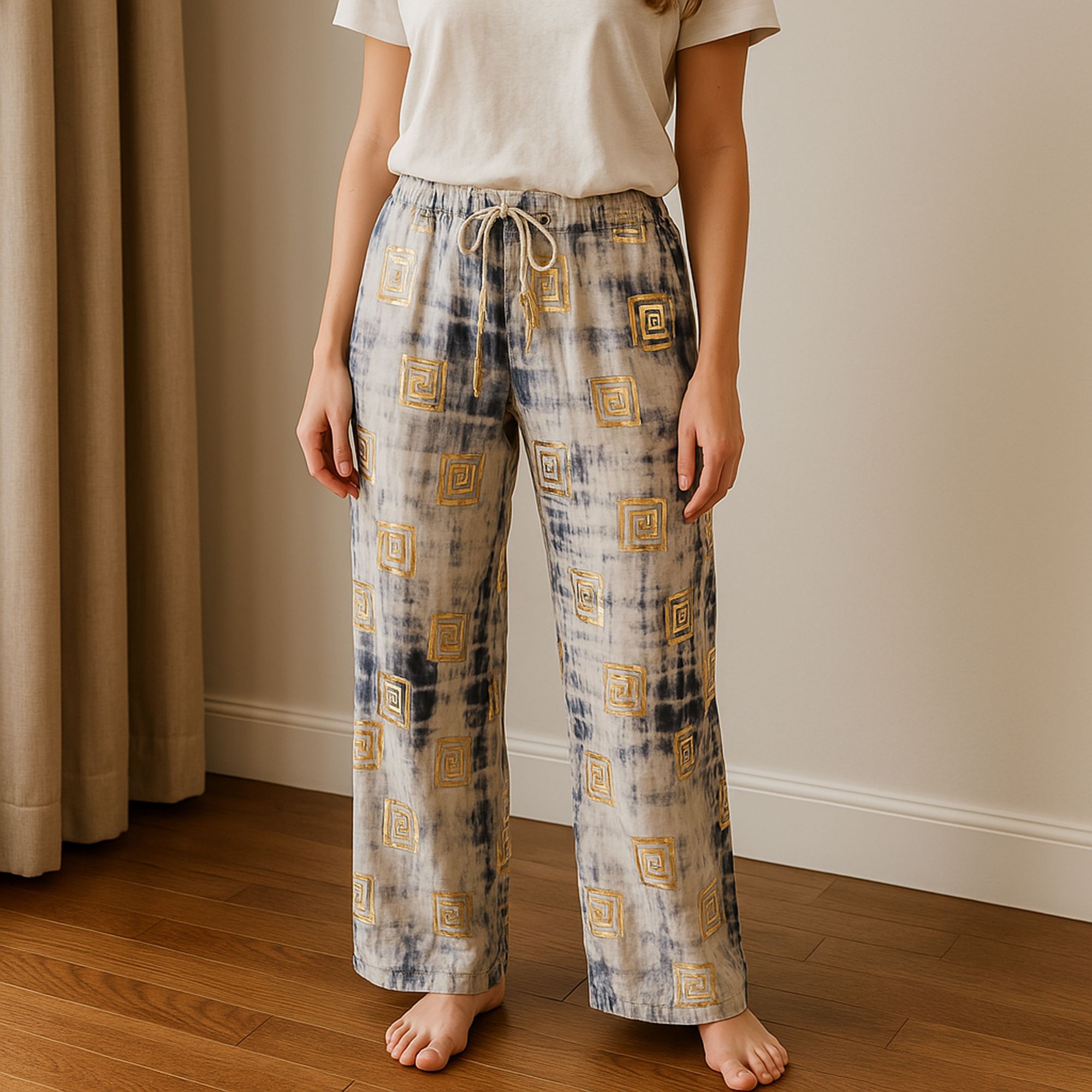 Nomad Sari Lounge Pants M/L Blue Tie Dye with Gold Greek Motif