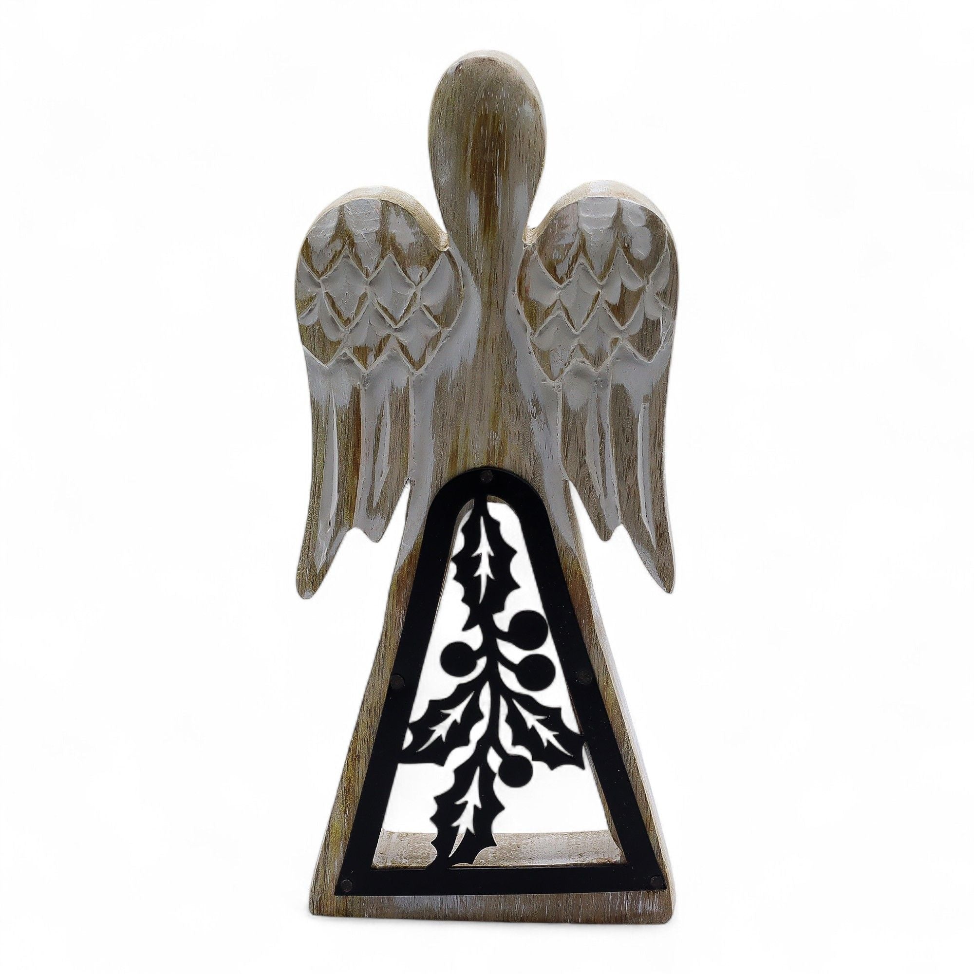 Mango Wood Angel with Iron Decor Cut Out in Whitewash Finish
