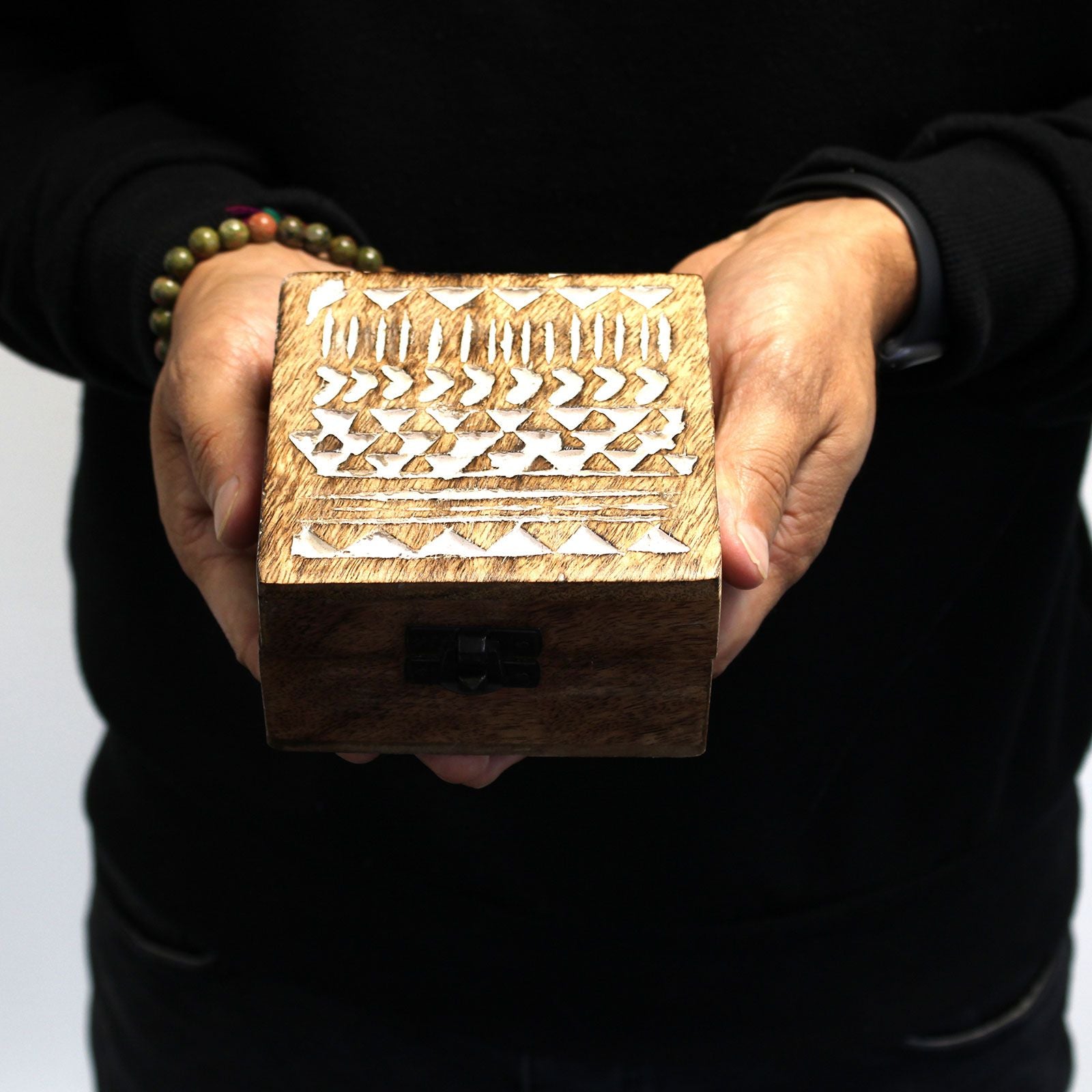White Washed Wooden Box with Slavic Design for Stylish Storage
