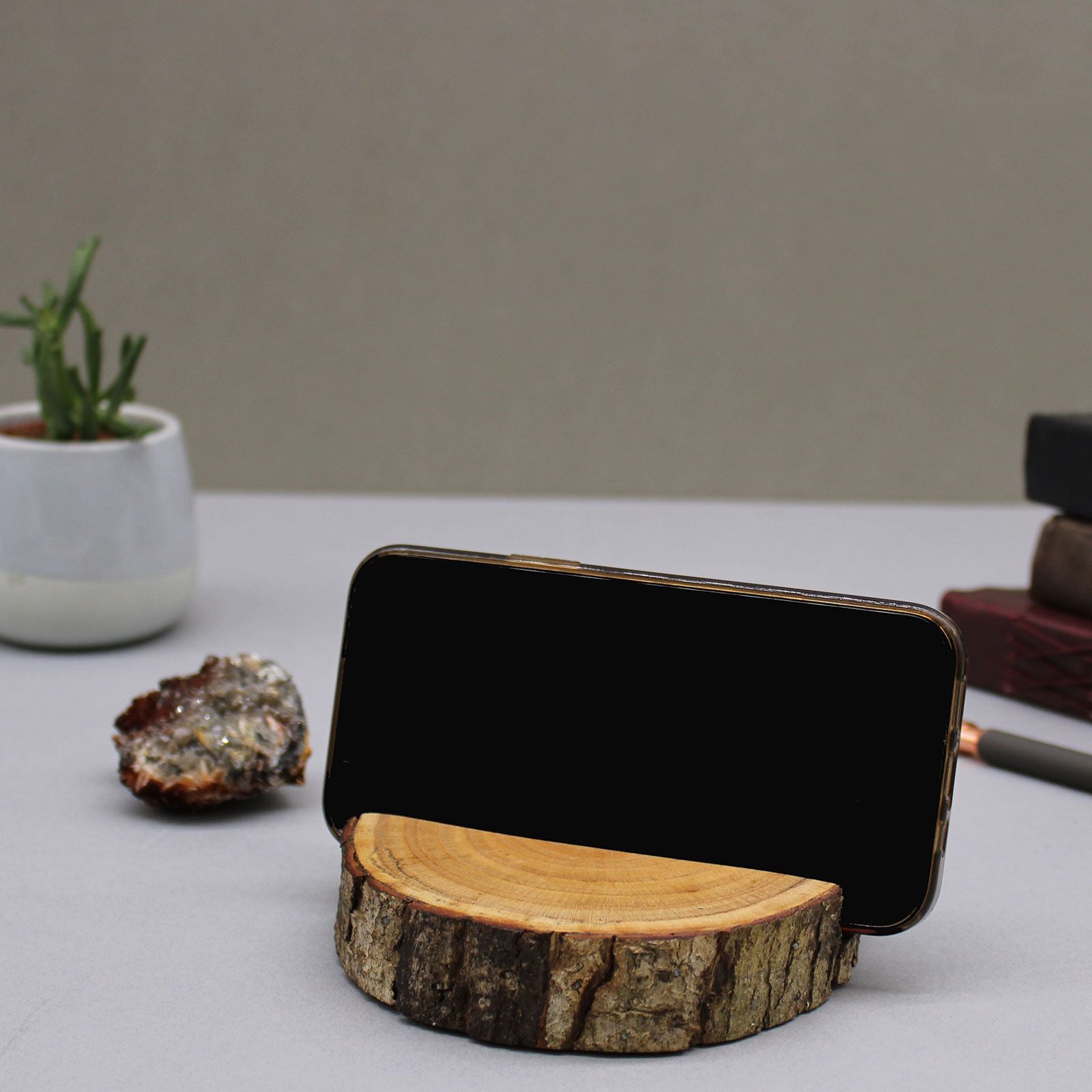 Natural Small Log Phone Holder for Hands Free Use in Modern Style