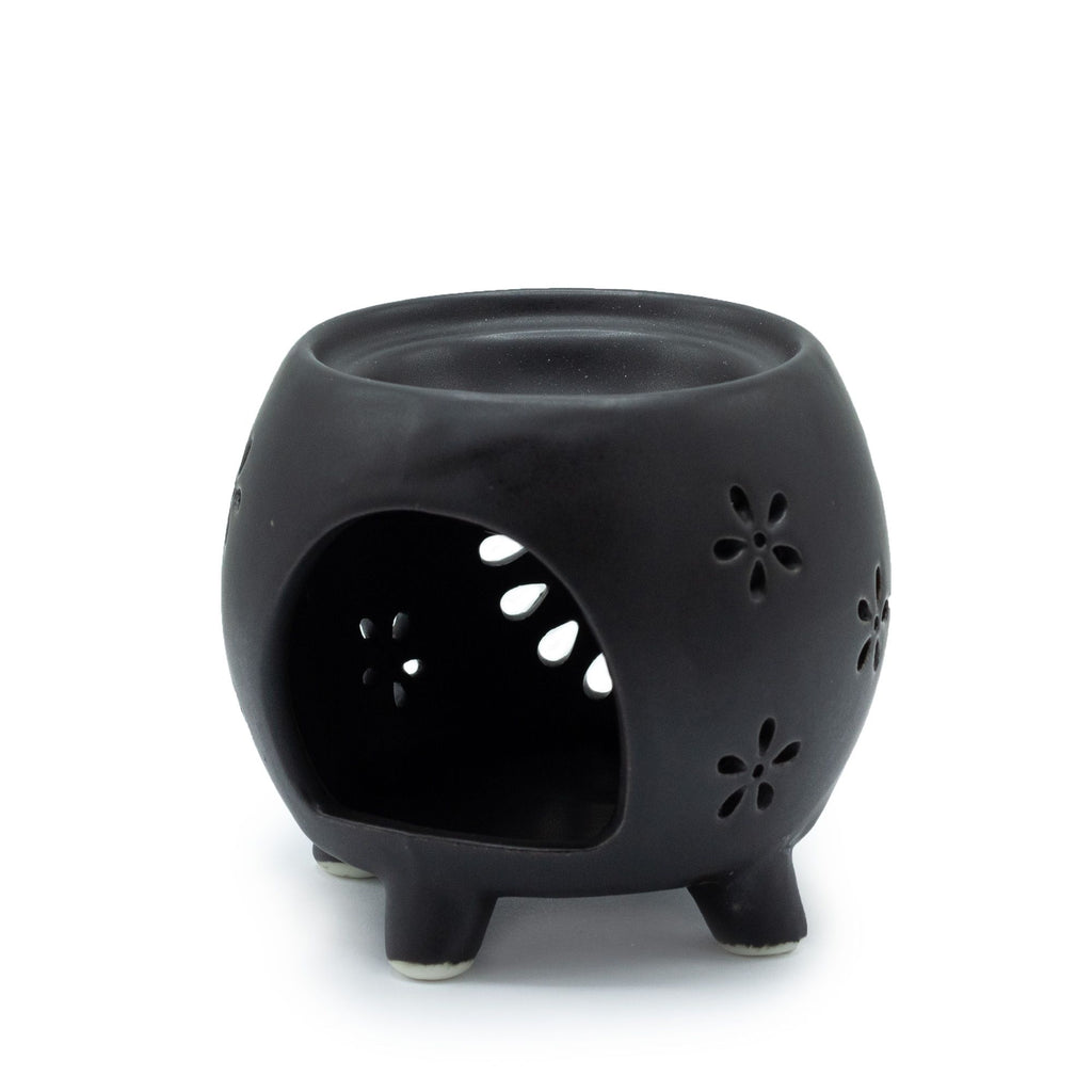 Squat Pot Oil Burner Flower Burst in Matt Black for Home Use