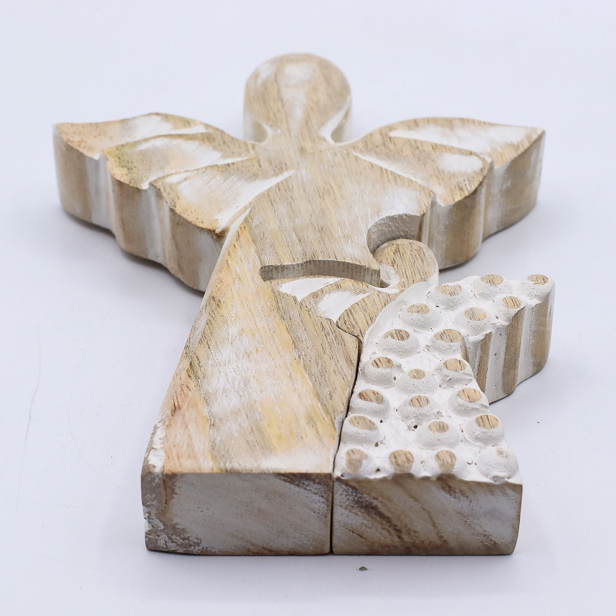 Mango Wood Angel Figurine in Whitewash Finish for Home Decor