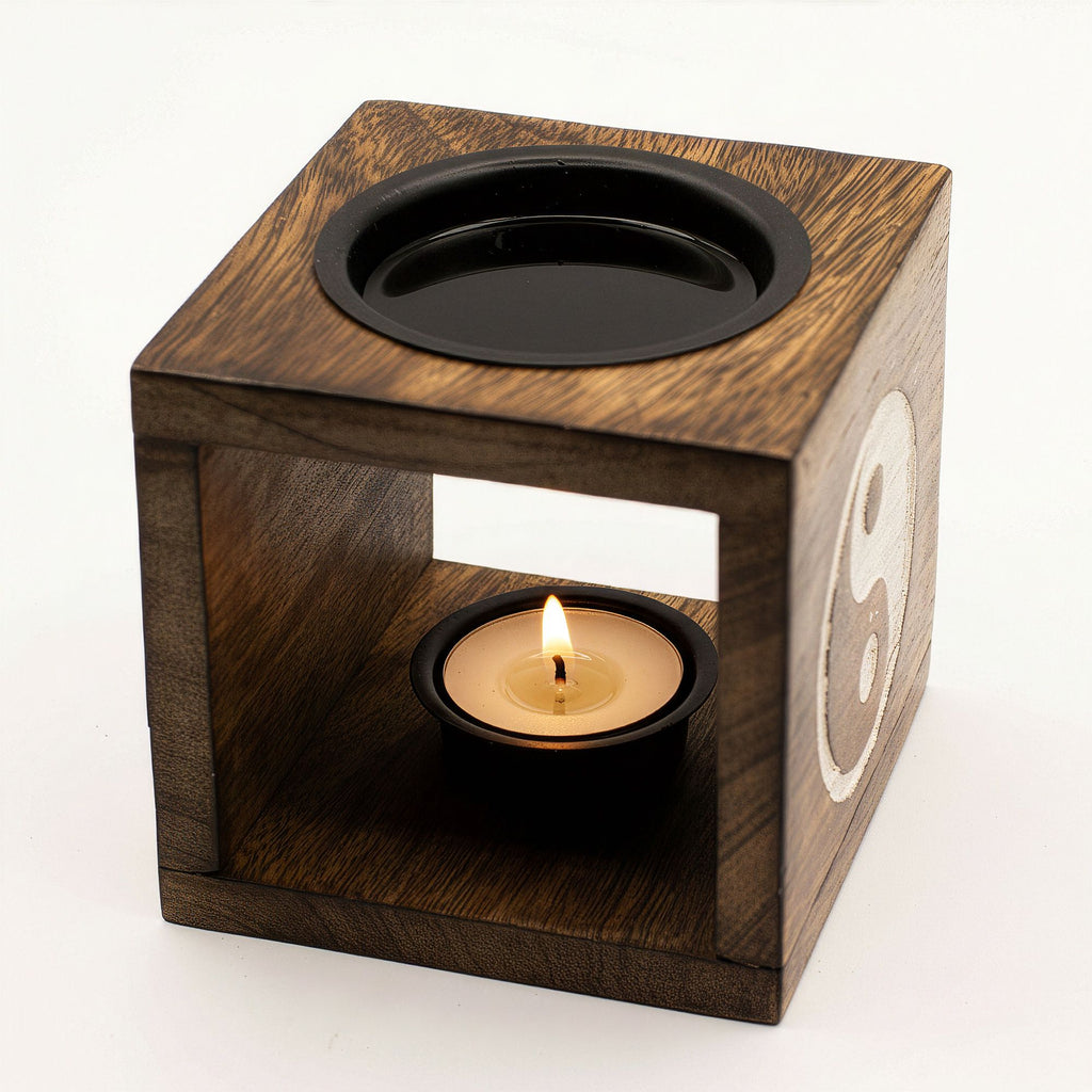 Square Mango Wood Oil Burner with Yin Yang Design for Aromatherapy