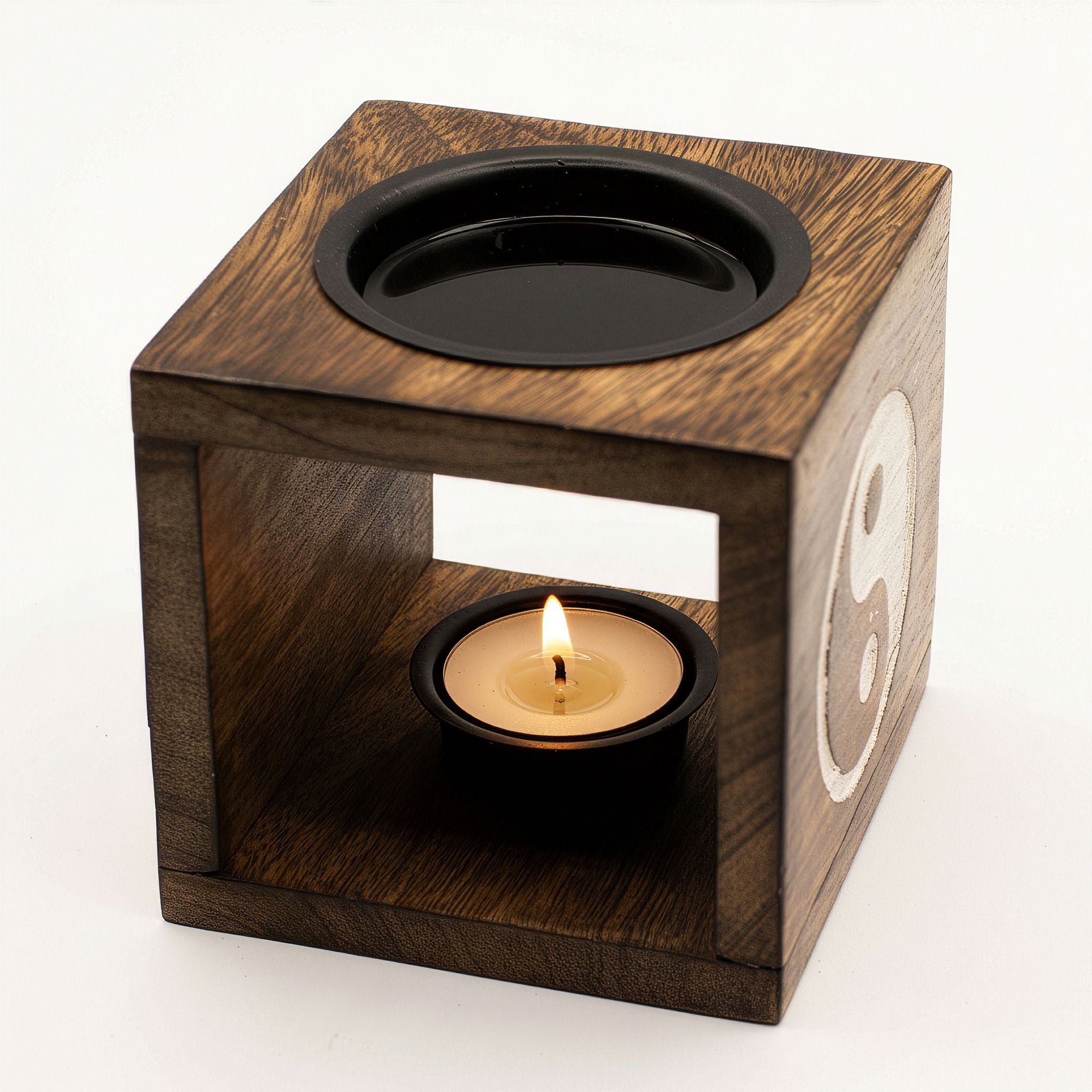 Square Mango Wood Oil Burner with Yin Yang Design for Aromatherapy