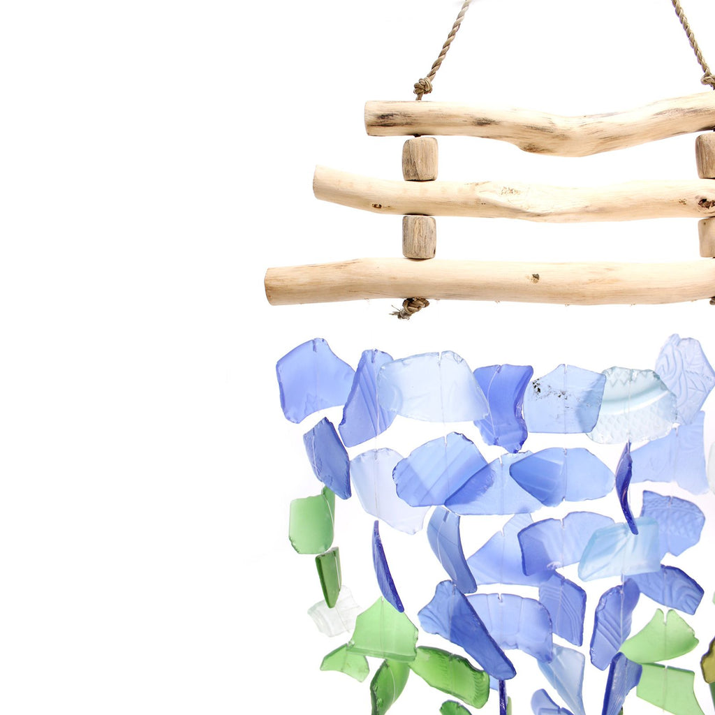 Three Stick Blue and Green Recycled Glass Wind Chimes