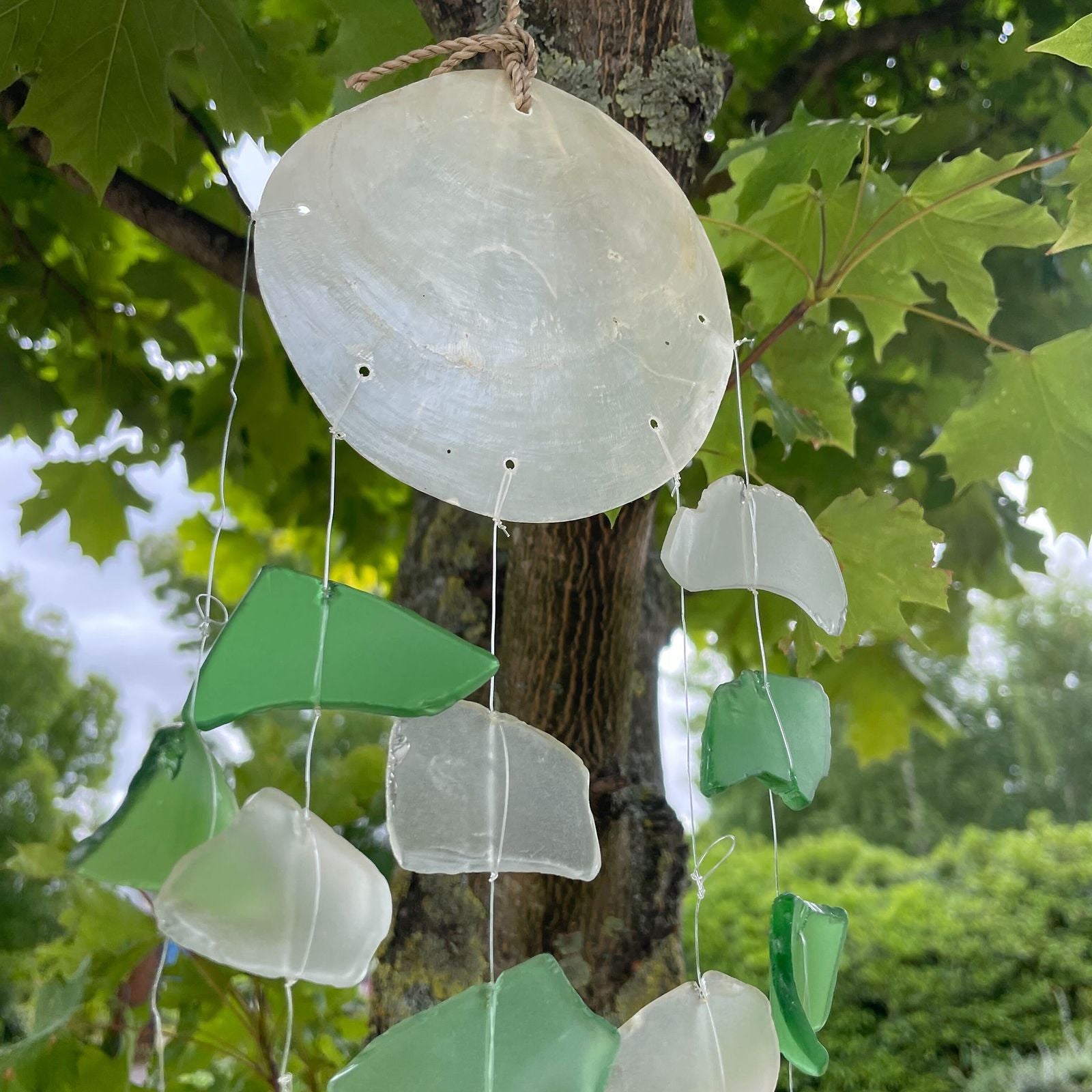 Recycled Glass Wind Chimes Copis & Glass Drop in Green & White