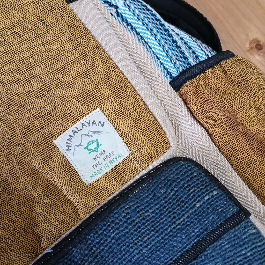 Large Boxy Hemp Backpack in Teal and Tumeric Colour Design