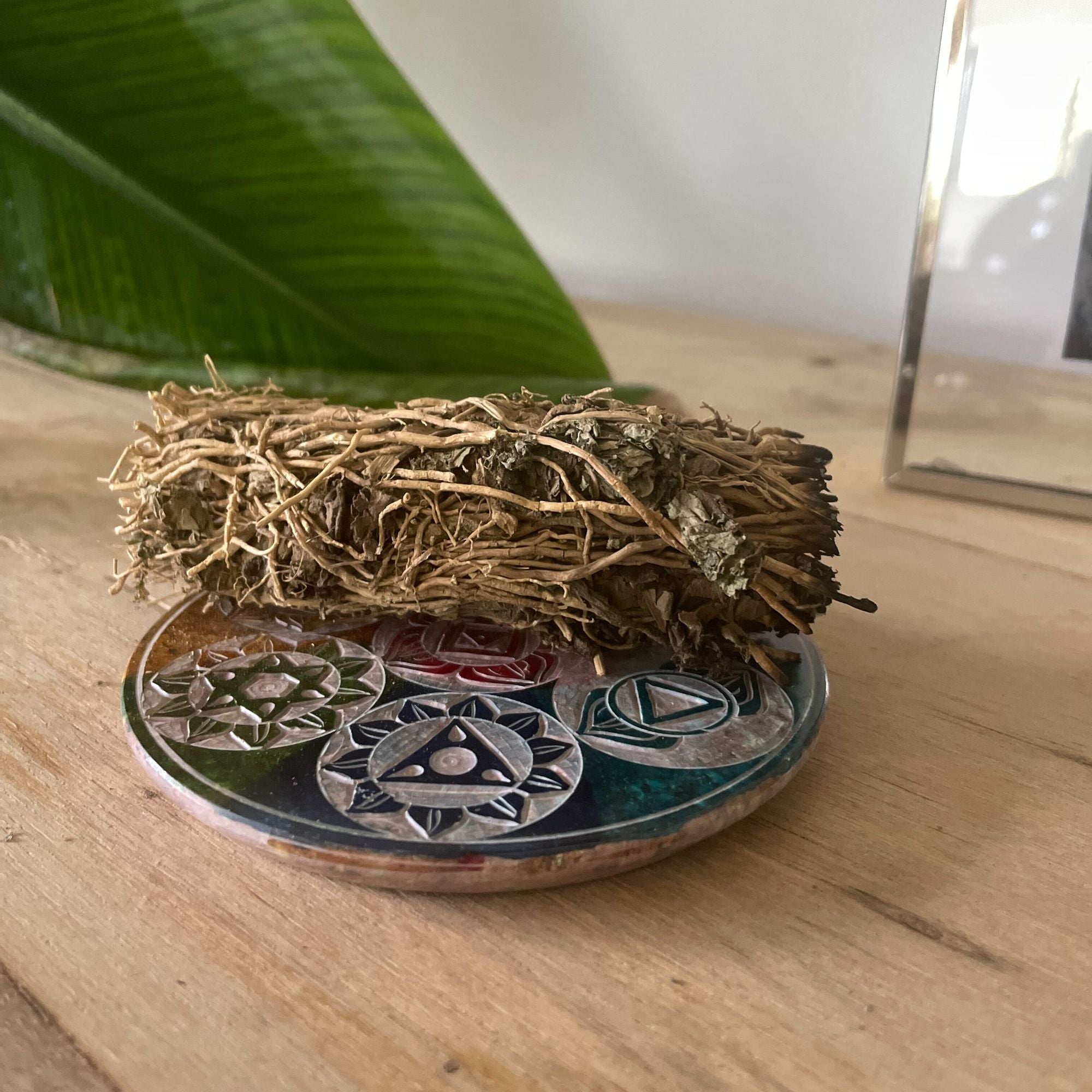 Soapstone Disc Incense Cone Holder 10cm with Seven Chakra Symbols