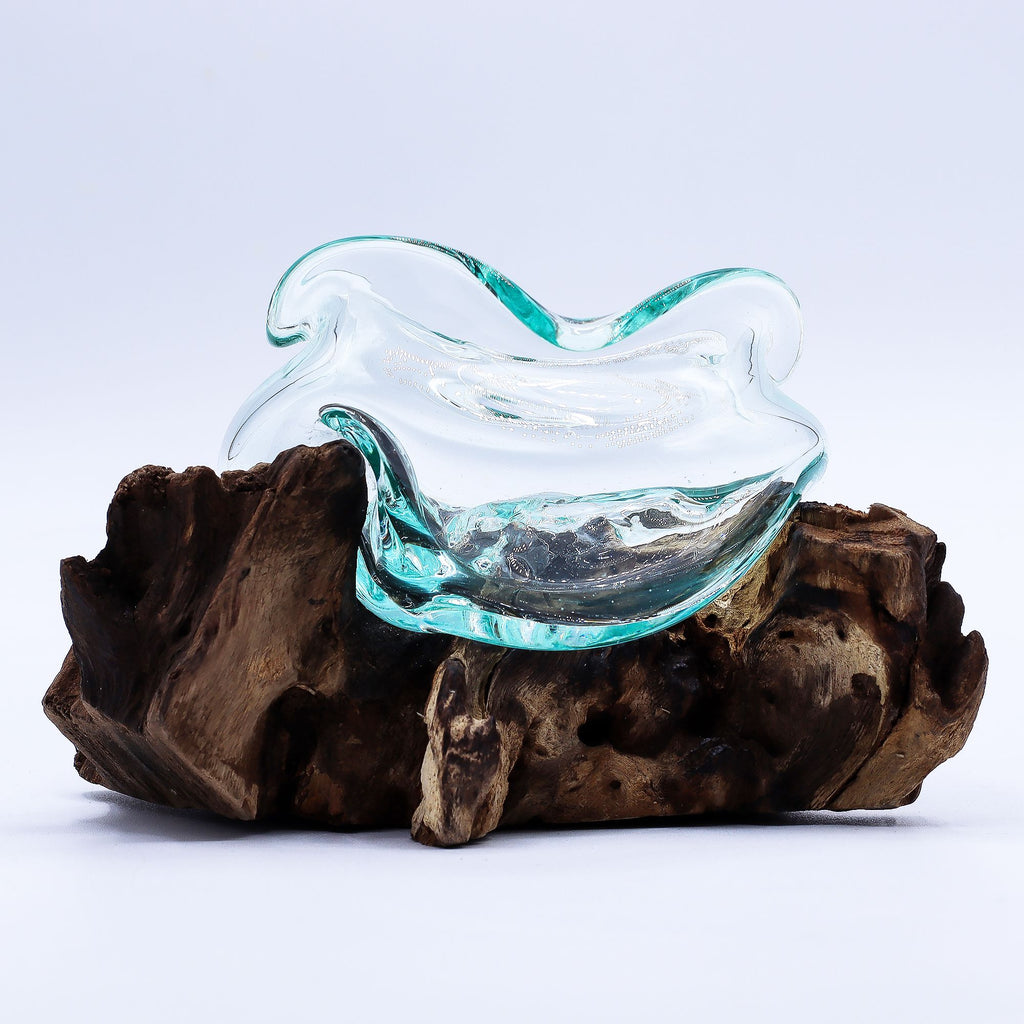 Molten Glass Wavy Bowl on Wood 18cm for Unique Home Décor