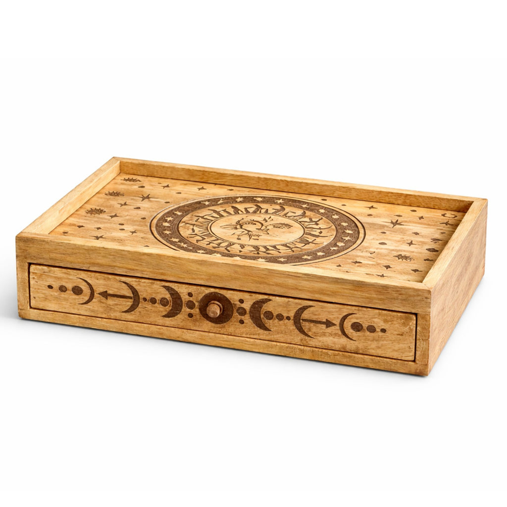 Sun Moon Carved Tarot Box with Drawer for Organised Readings