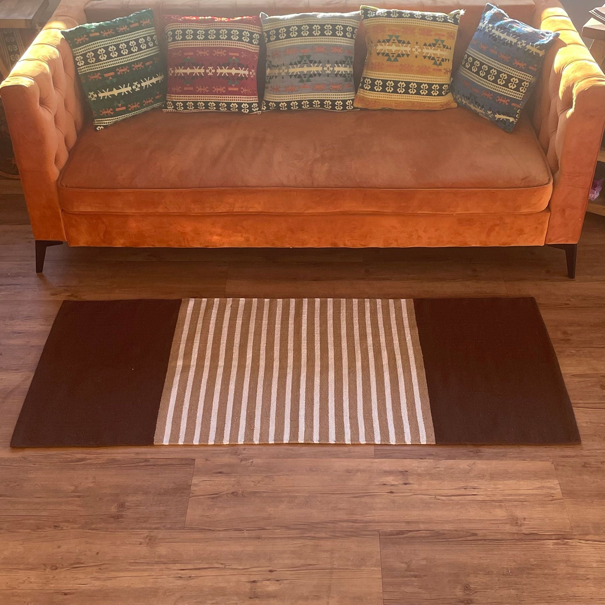 Indian Cotton Rug 70x170cm in Dark Brown and Beige Design