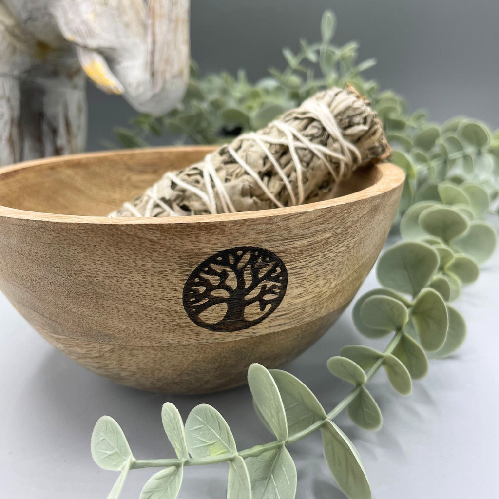 Wooden Smudge Bowl with Tree of Life Design for Ritual Offerings