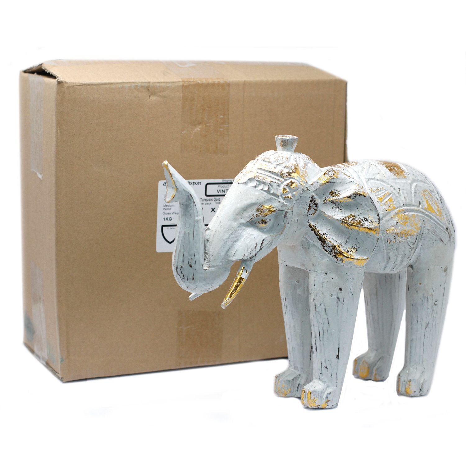 Wood Carved Elephant Decorative Figure in White Gold for Home Decor