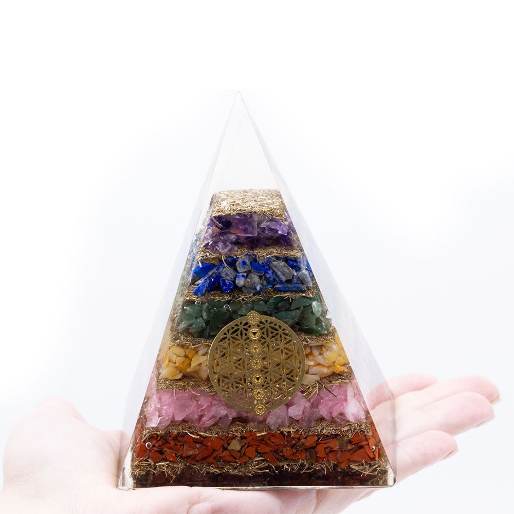 Seven Chakra Orgonite Pyramid with Flower of Life Design 70 mm
