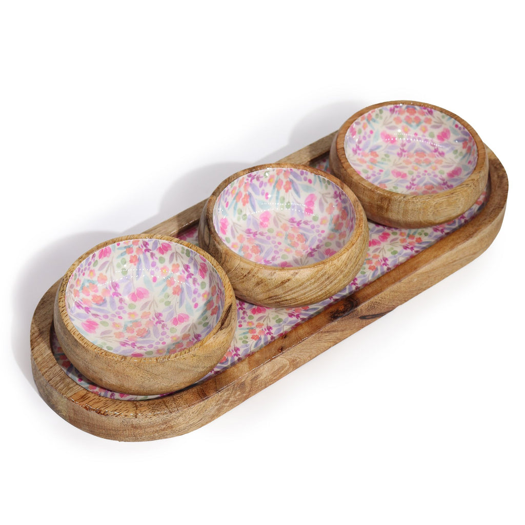 Mango Wood Tray with 3 Bowls Featuring Charming Floral Design