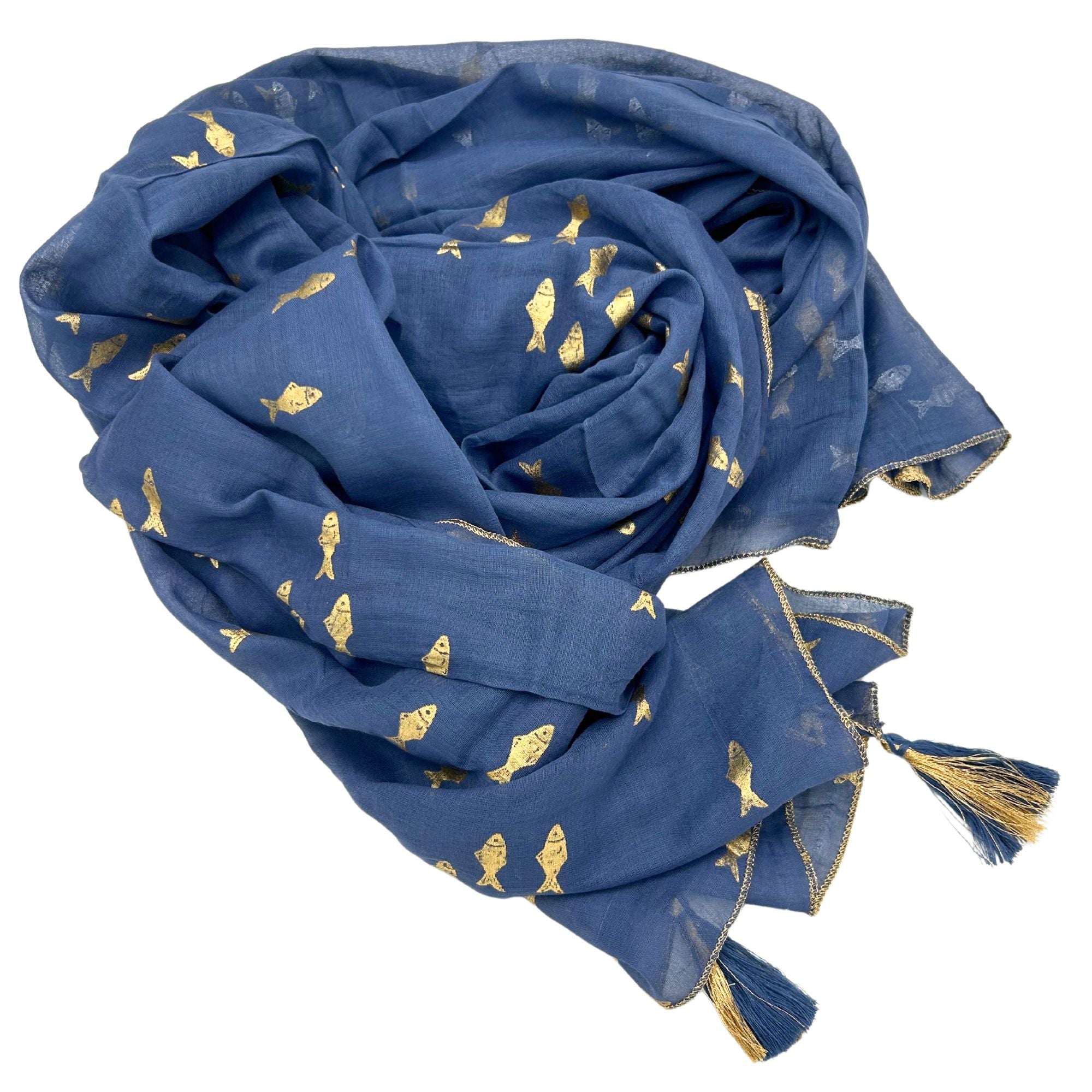 Nomad Sari Pareo in Sea Blue with Gold Fish Print for Summer Style