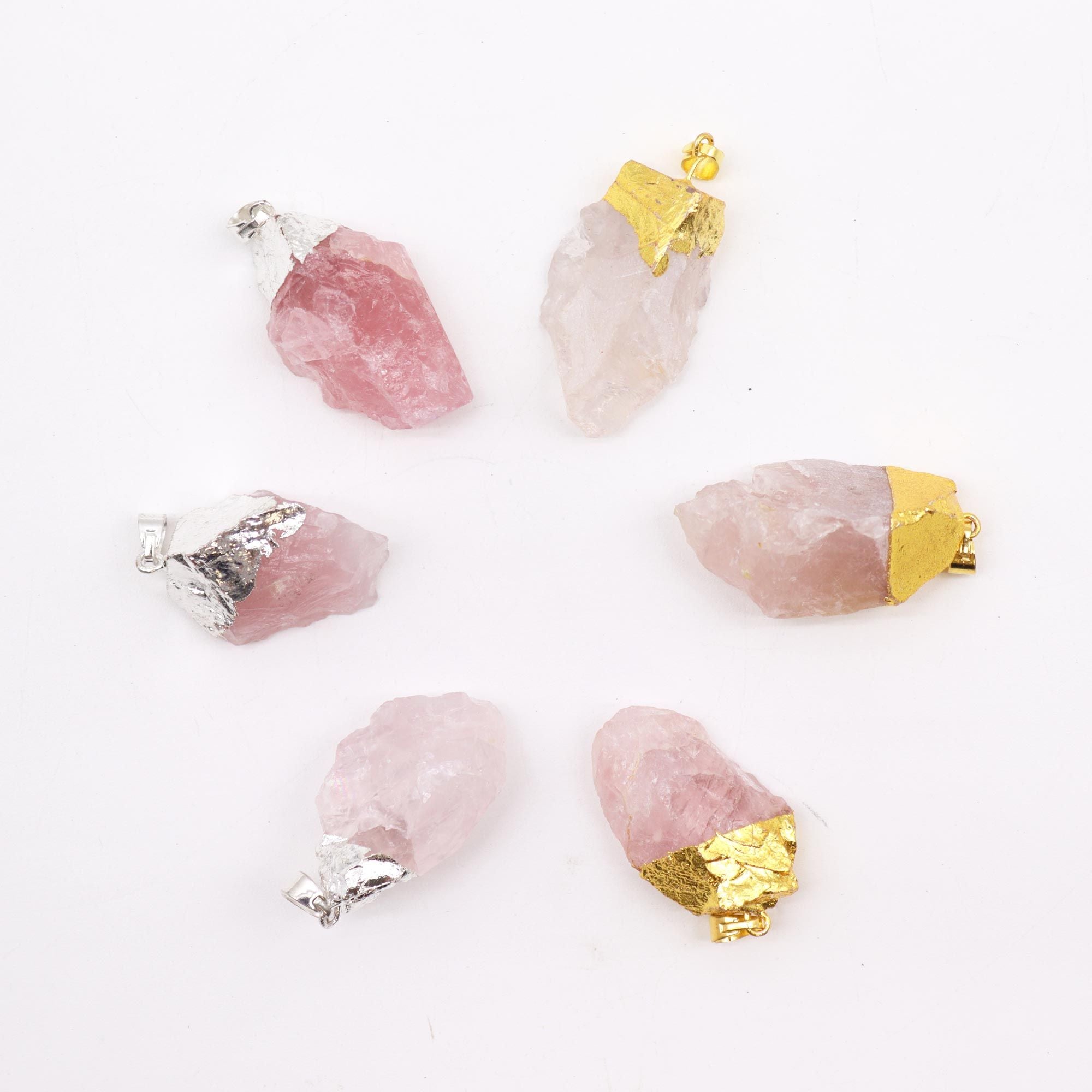 Gemstone Rose Quartz Gold & Silver Plated Pendants 6 Assorted