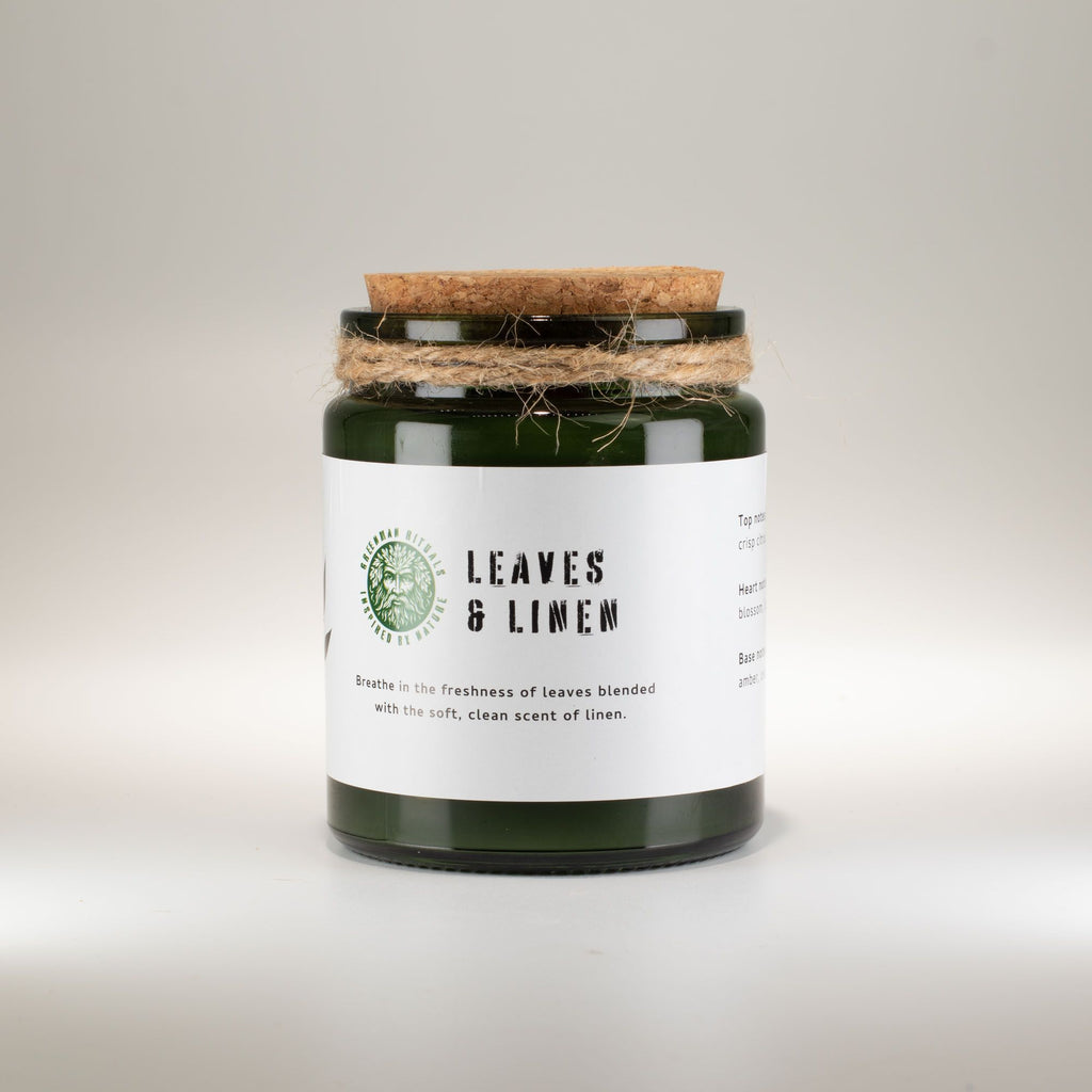Greenman Woodwick Soy Candle Leaves & Linen in Deep Green Jar