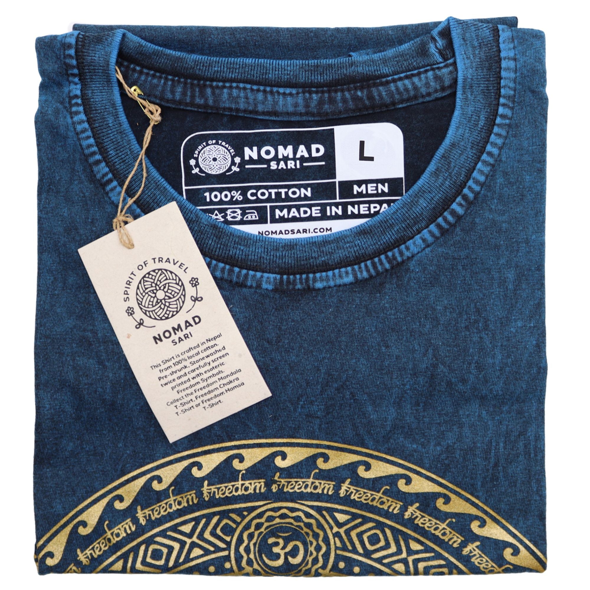 Nomad Sari Stonewashed Cotton T Shirt in Blue with Chakra Design