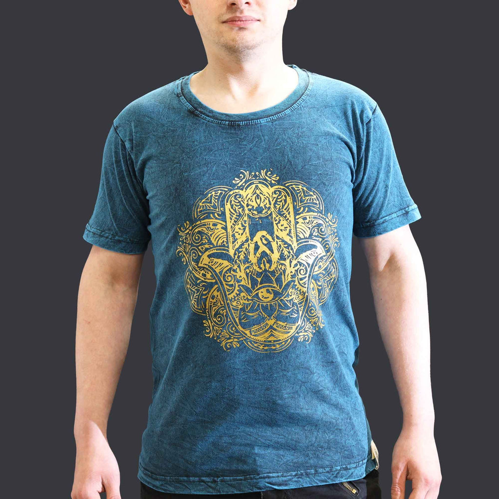 Nomad Sari Stonewashed Cotton T Shirt with Hamsa Design in Blue
