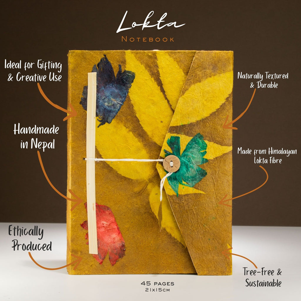Lokta Bold Floral Notebook Large with Bookmark in Mustard Brown