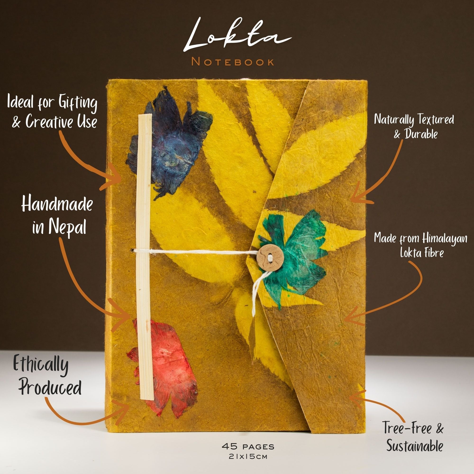 Lokta Bold Floral Notebook Large with Bookmark in Mustard Brown