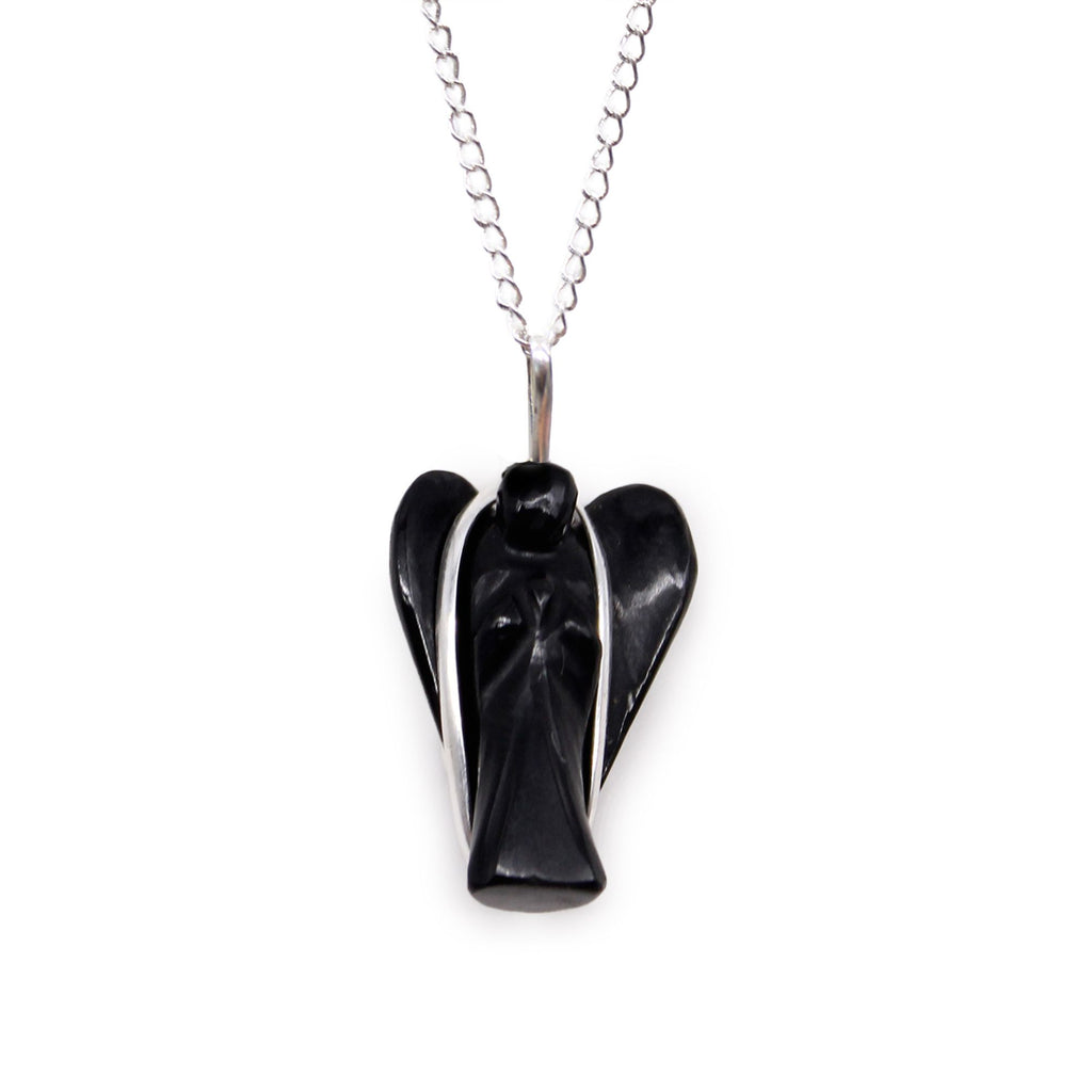 Gemstone Guardian Angel Pendant in Black Agate with Chain