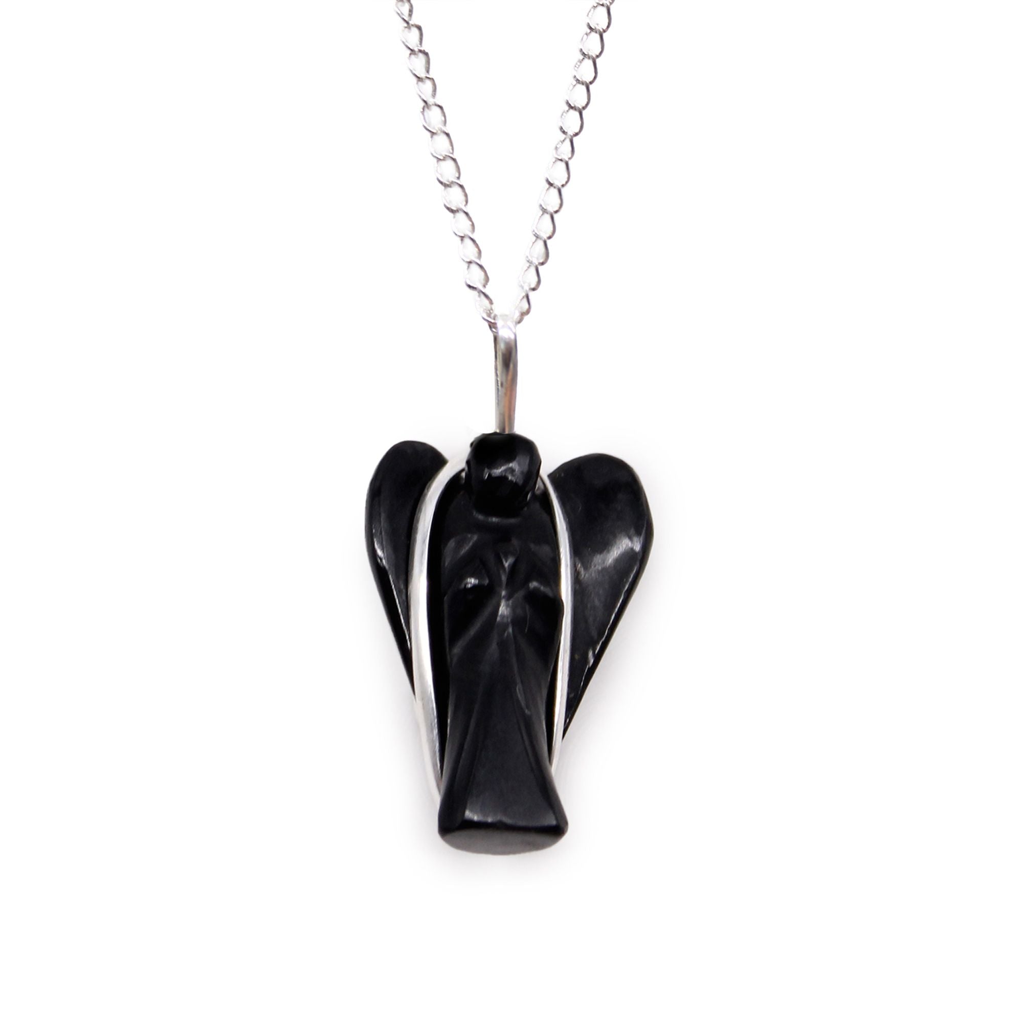 Gemstone Guardian Angel Pendant in Black Agate with Chain