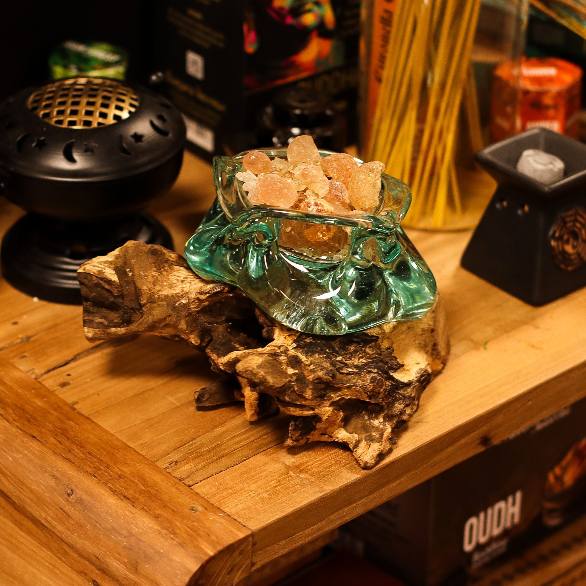 Molten Glass Chunky Ashtray and Candle Holder on Wood Base 23cm