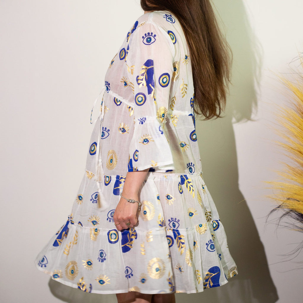 Nomad Sari Evil Eye Dress in White Blue and Gold Size M/L