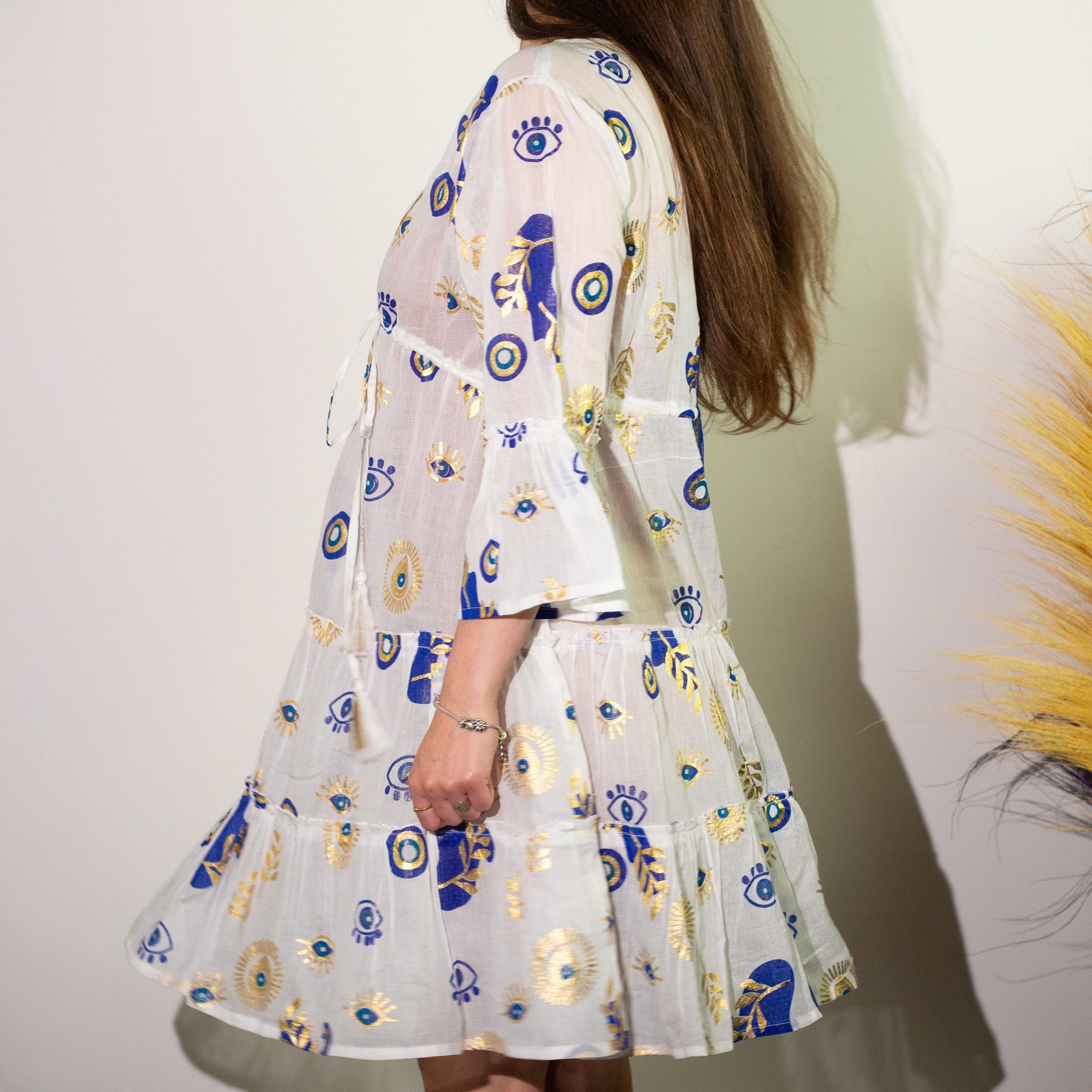 Nomad Sari Evil Eye Dress in White Blue and Gold Size L/XL