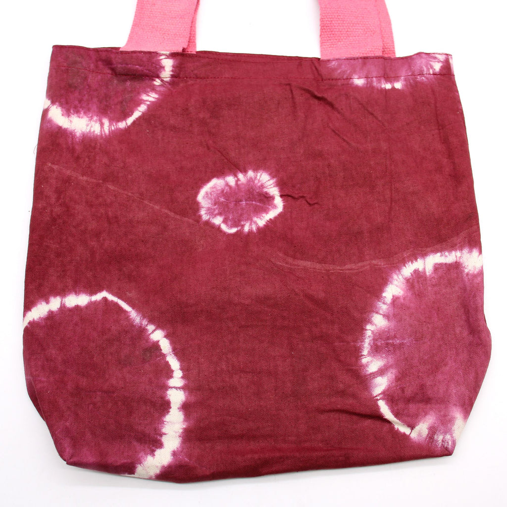 Natural Tye Dye Cotton Bag with Maroon Rings and Pink Handle