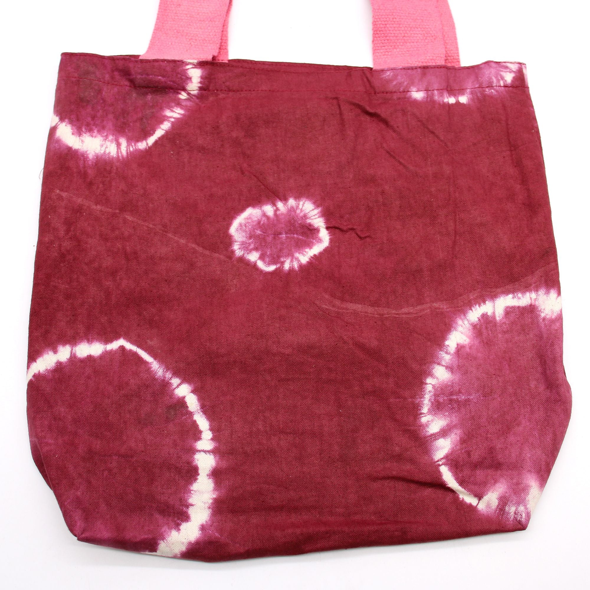 Natural Tye Dye Cotton Bag with Maroon Rings and Pink Handle