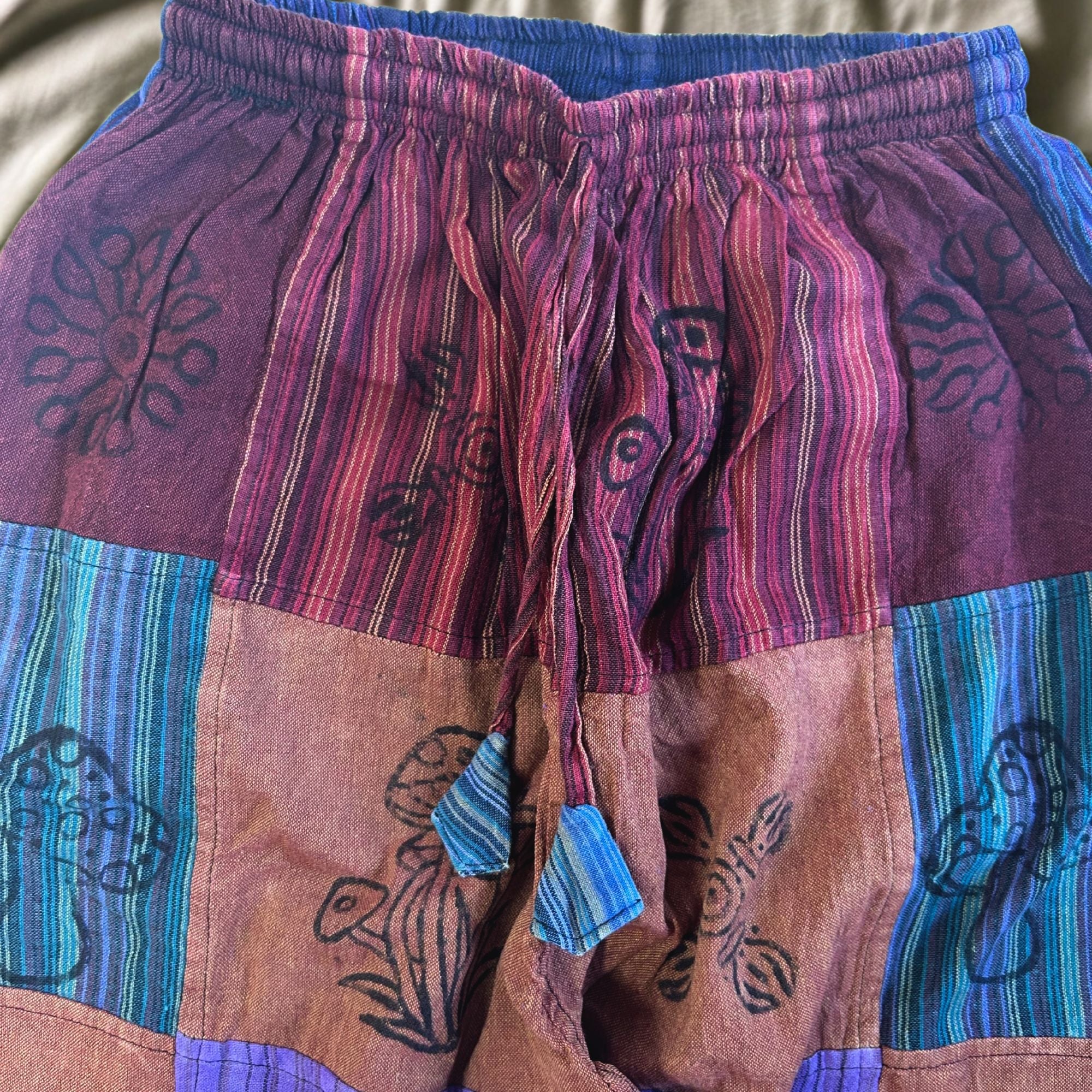 Nomad Sari Mushroom Pants with Block Print Designs in Purple Tones