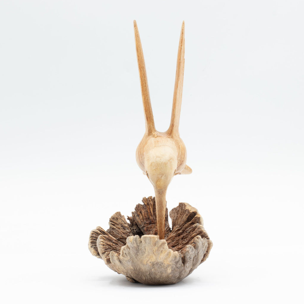 Handmade Parasite Wood Art Carving of Hummingbird Drinking Nectar