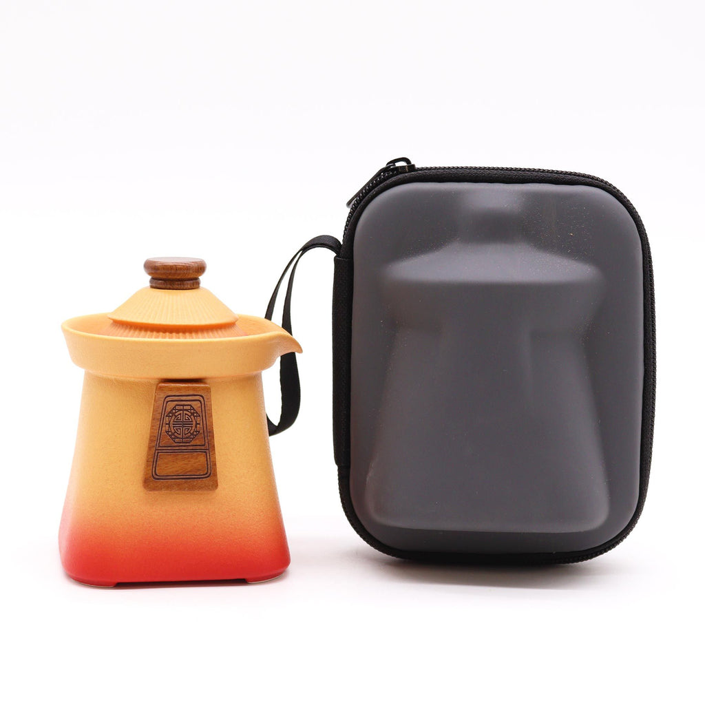 Temple Teapot Set with Three Cups in Vibrant Orange Earth Tones