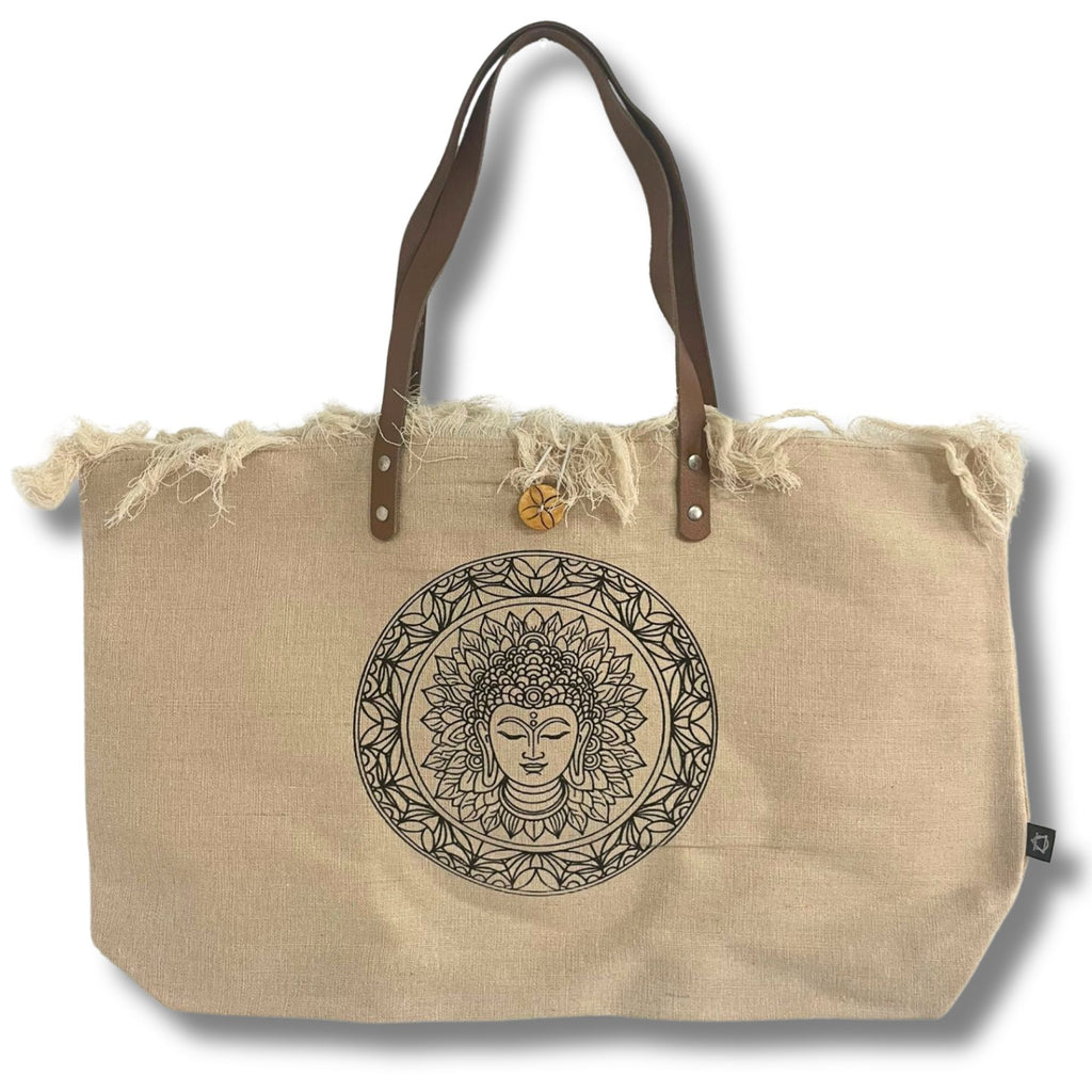 Natural Tote Bag with Leather Handle and Inspirational Design
