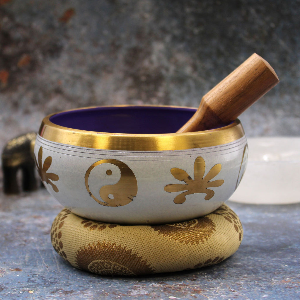 Large Yin and Yang Singing Bowl Set in White and Purple Design