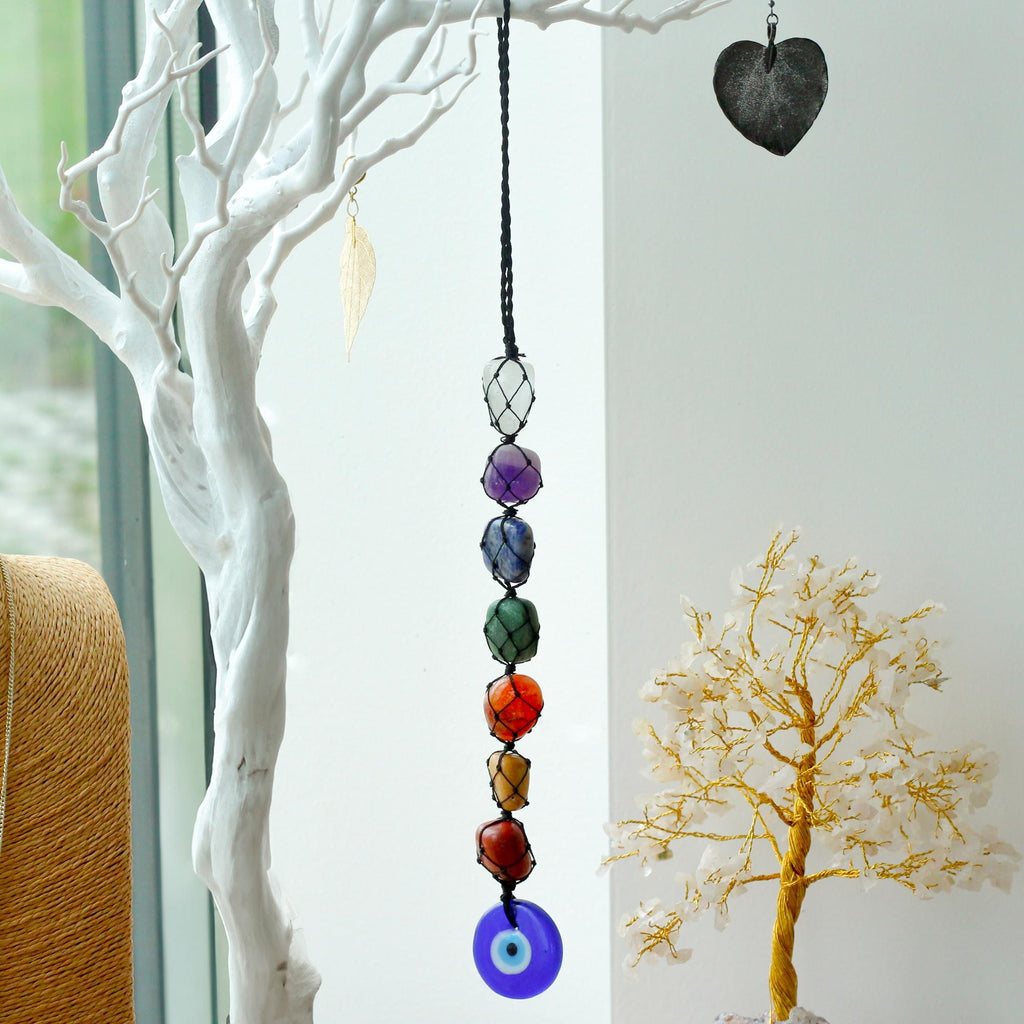 Hanging Chakra Stone Pendant with Evil Eye Protection Charm Gift