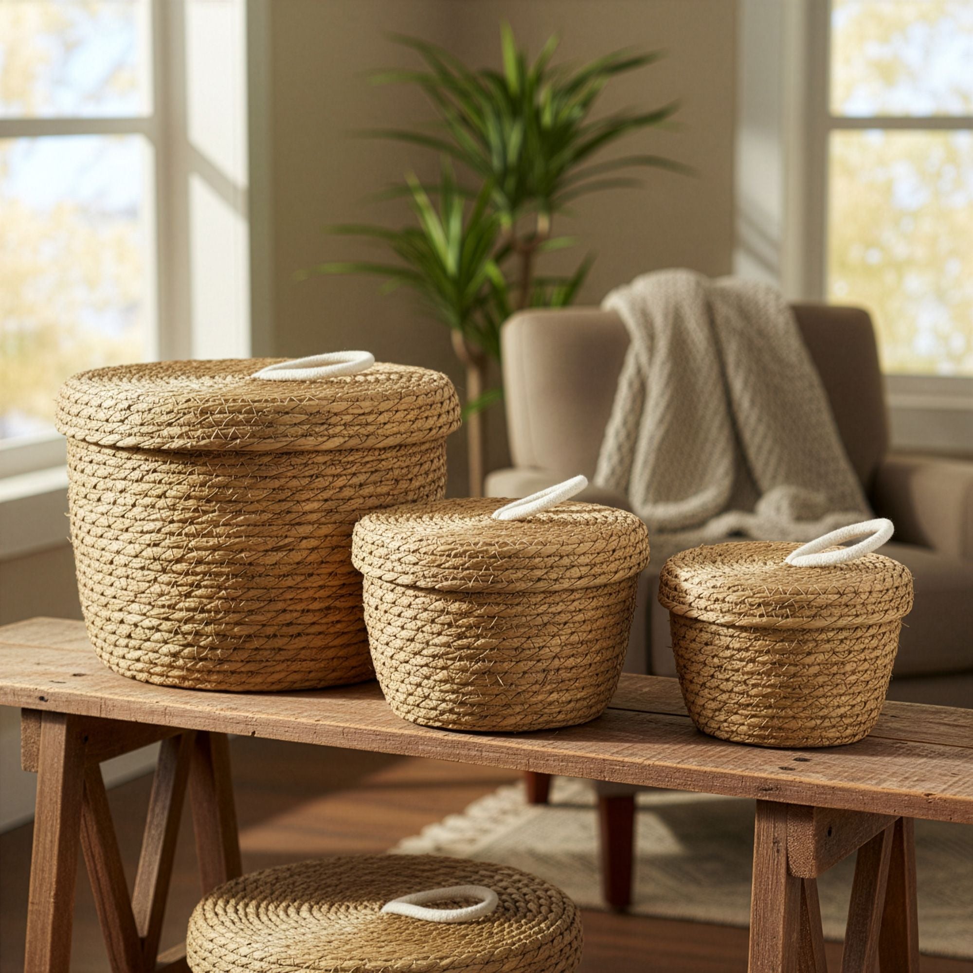 Natural Seagrass and Cotton Round Baskets with Lids Set of 3