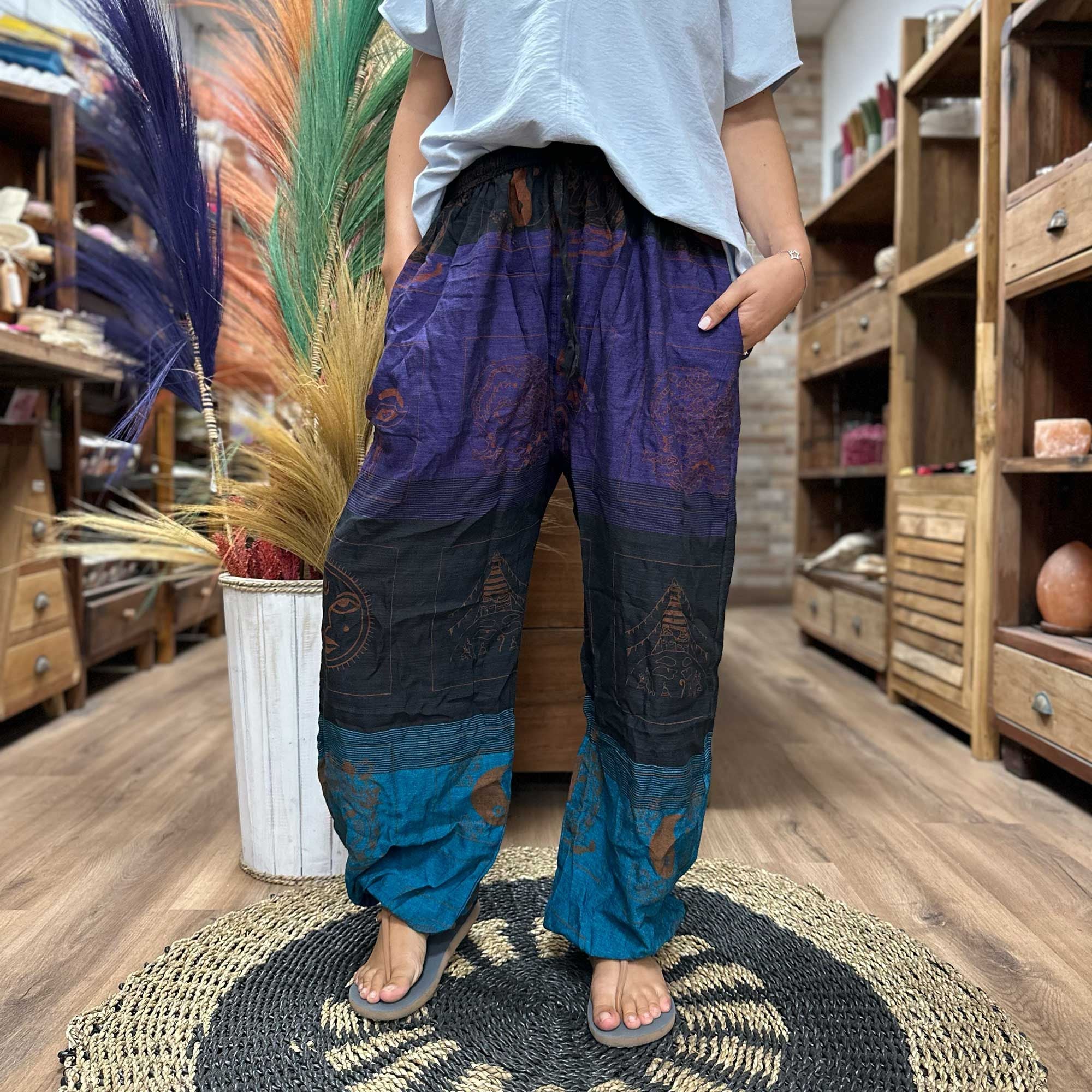 Yoga and Festival Pants with High Cross Himalayan Print in Purple