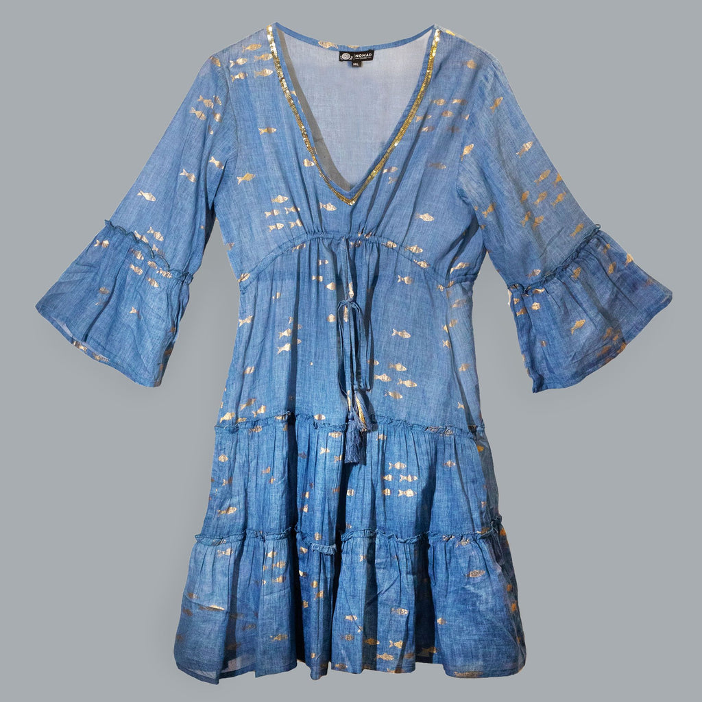 Nomad Sari Sea Blue & Gold Fish Print Dress for Summer Style