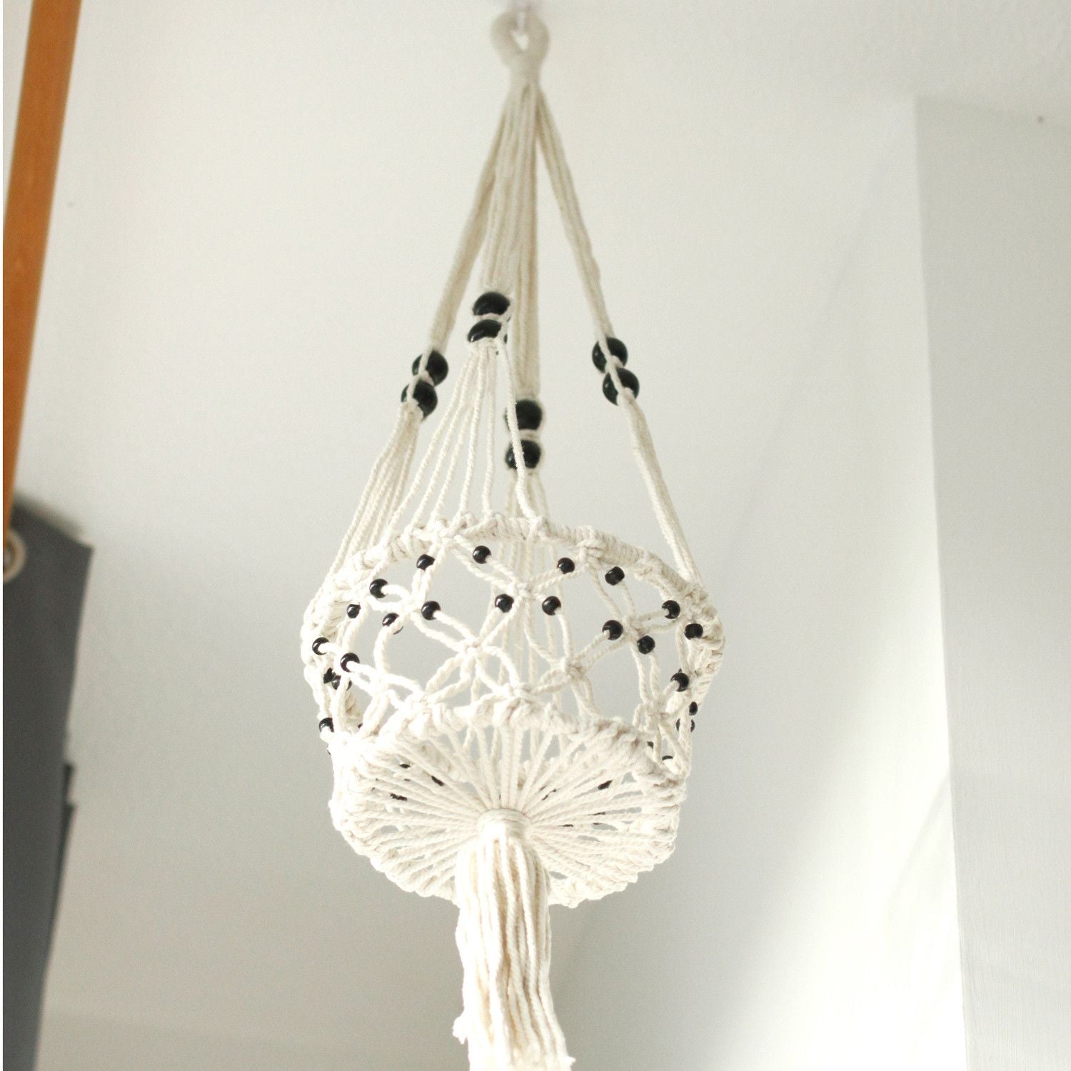Large Single Beaded Macrame Pot Holder for Home Decor Display