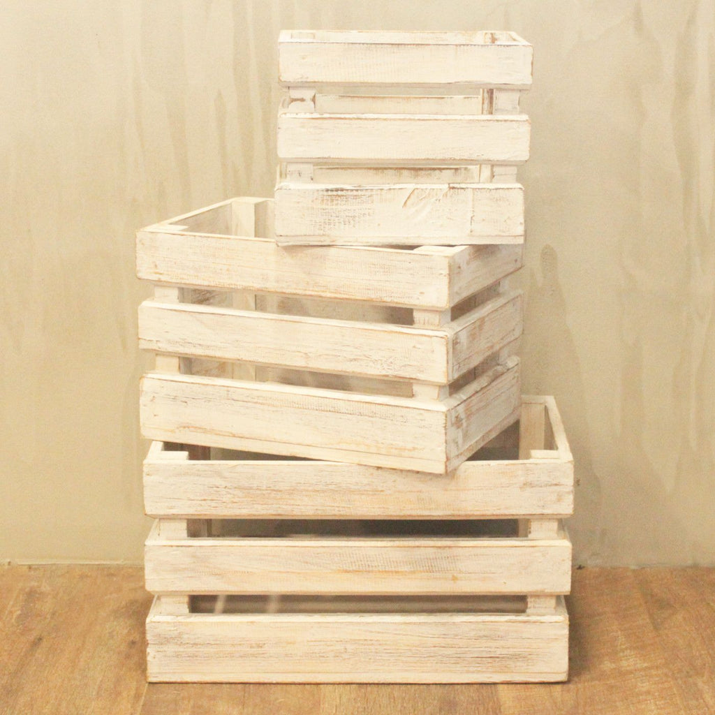 Wooden Storage Crates Set of 3 in Whitewash for Home Organisation