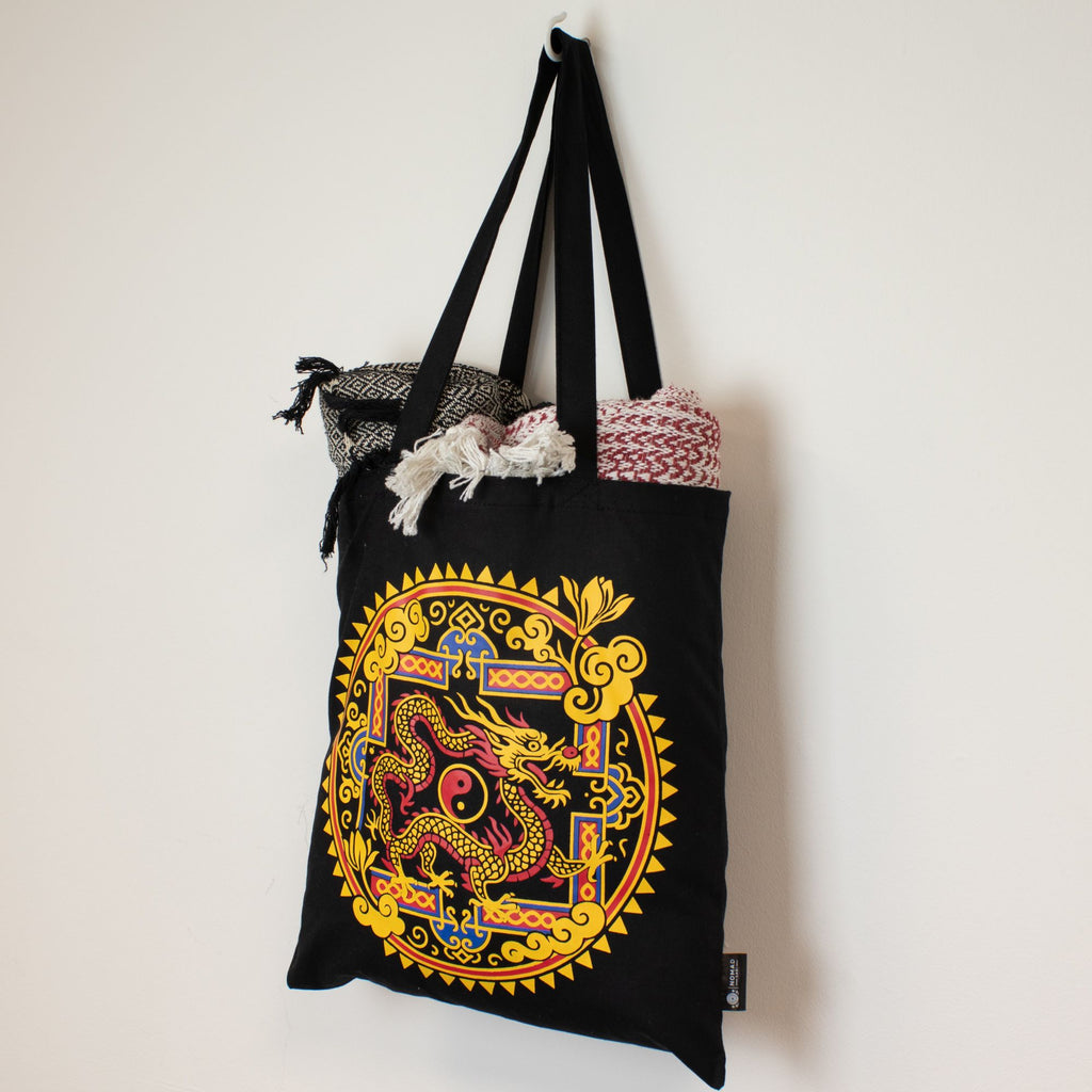 Iconic Classic Tote Bag in Black with Dragon Yin Yang Design