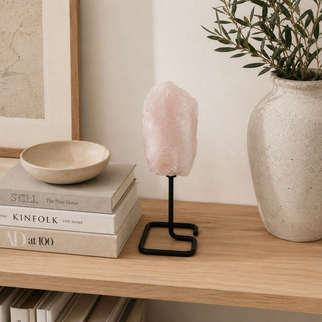 Rose Quartz Mineral Specimen on Metal Stand for Home Decor