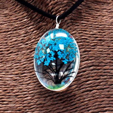 Pressed Flowers Tree of Life Set in Teal for Unique Nature Jewellery