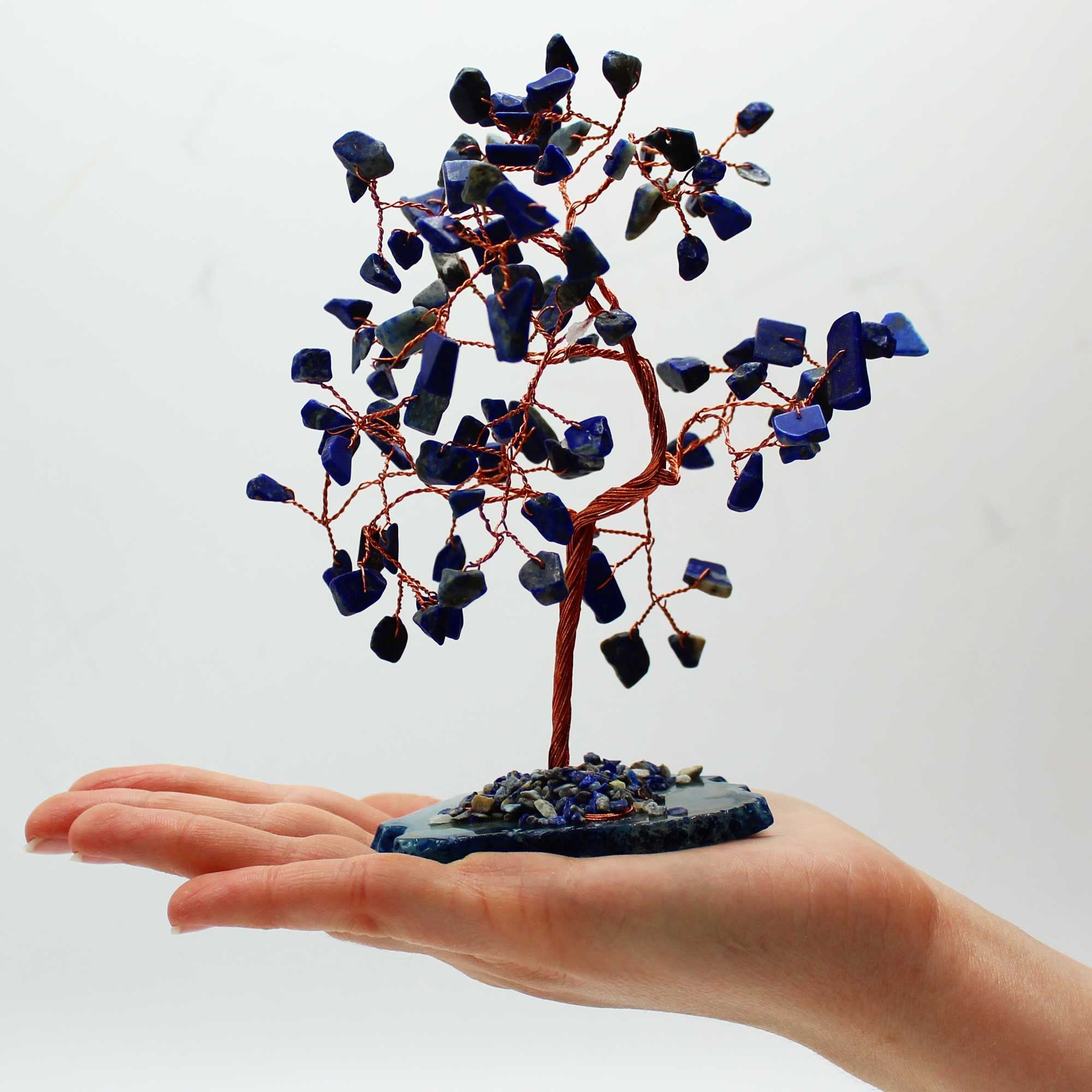 Large Sodalite Gemstone Tree on Blue Agate Base with 100 Stones