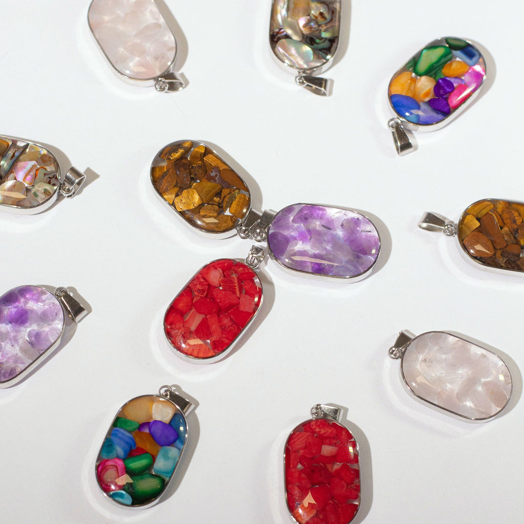 Steel Cased Pendant Ovals with 12 Assorted Gemstone Chips & Shells