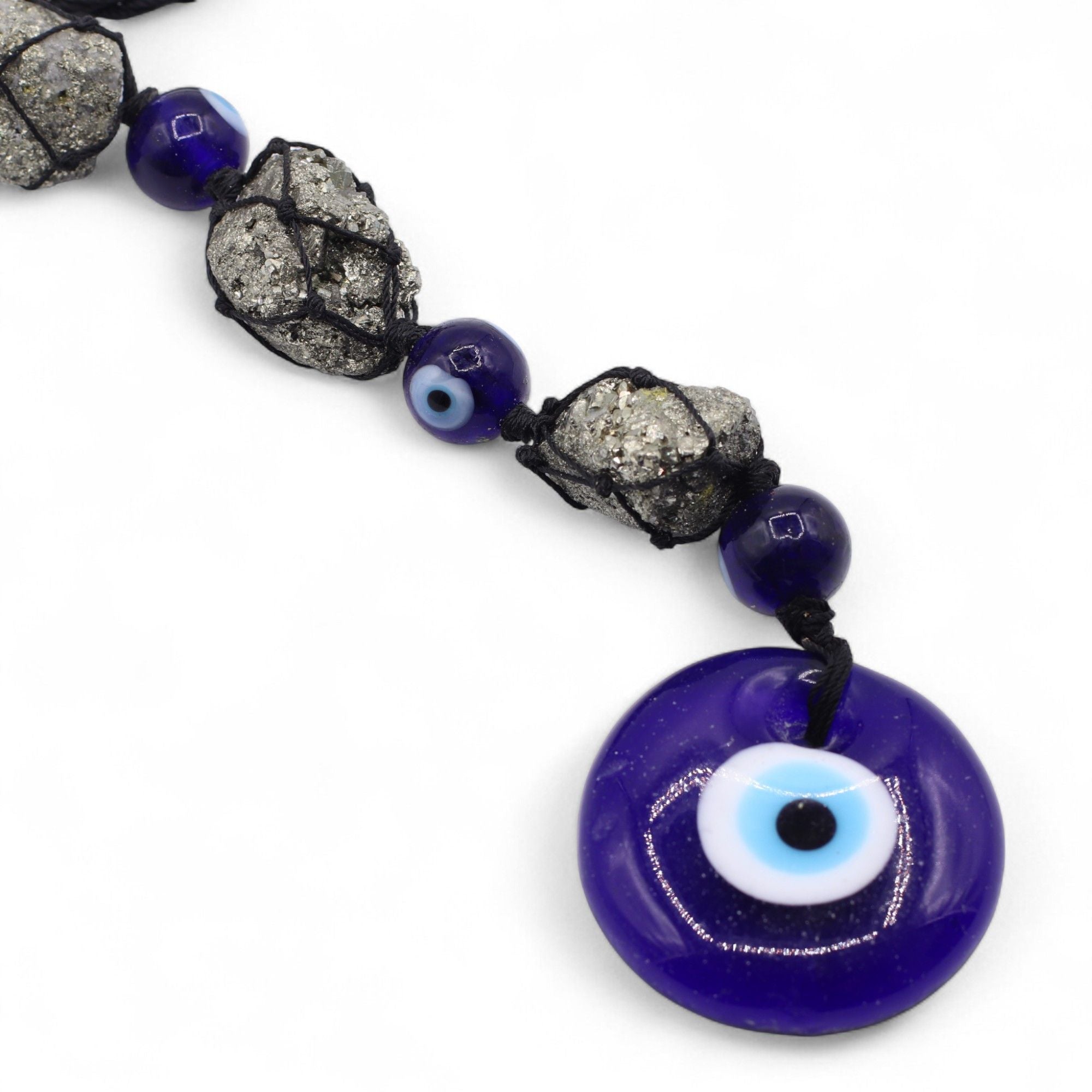 Hanging Stone Pendant with Pyrite Stones and Evil Eye Design
